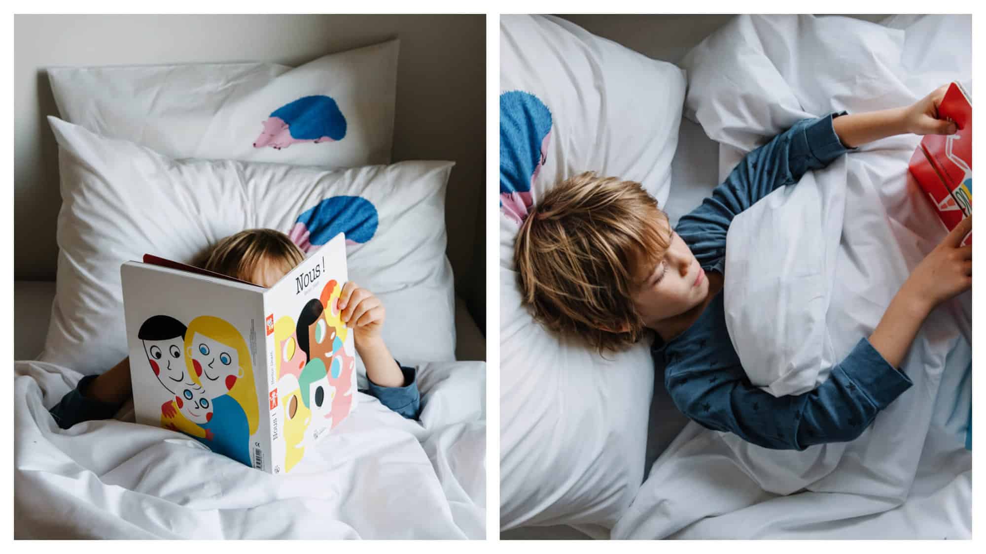 Left: A chil is lying down in a white bed, reading a book with the title "Nous!" The pillows behind him are white, with small blue porcupines on them. Right: The same image from a different angle. The child's face is visible and he is pointing to a page in the book.