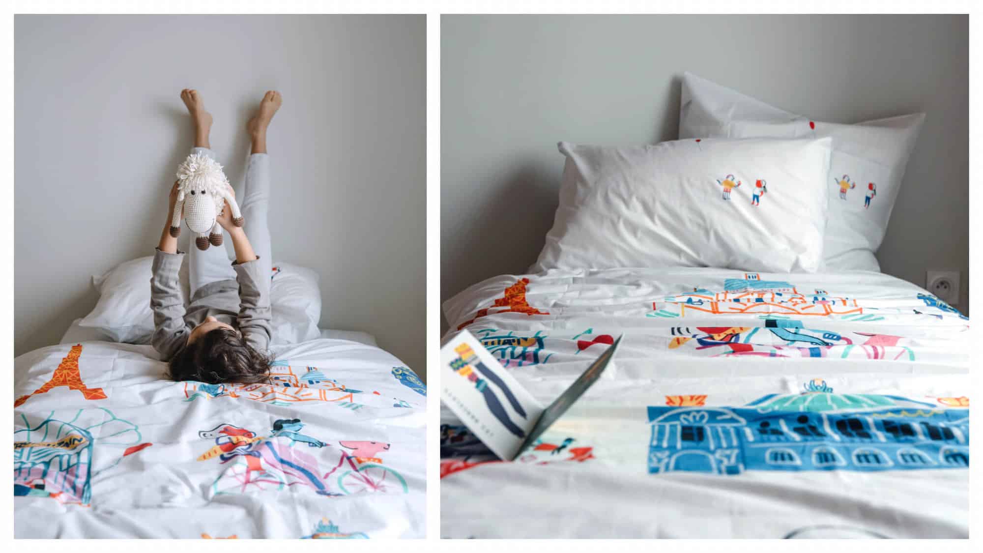 A child is lying down on a bed, with their legs up against the wall. The child is holding a stuffed animal, and the bed spread is white with large colorful images such as the Eiffel Tower. Right: The same bed is pictured without the child lying on it. 