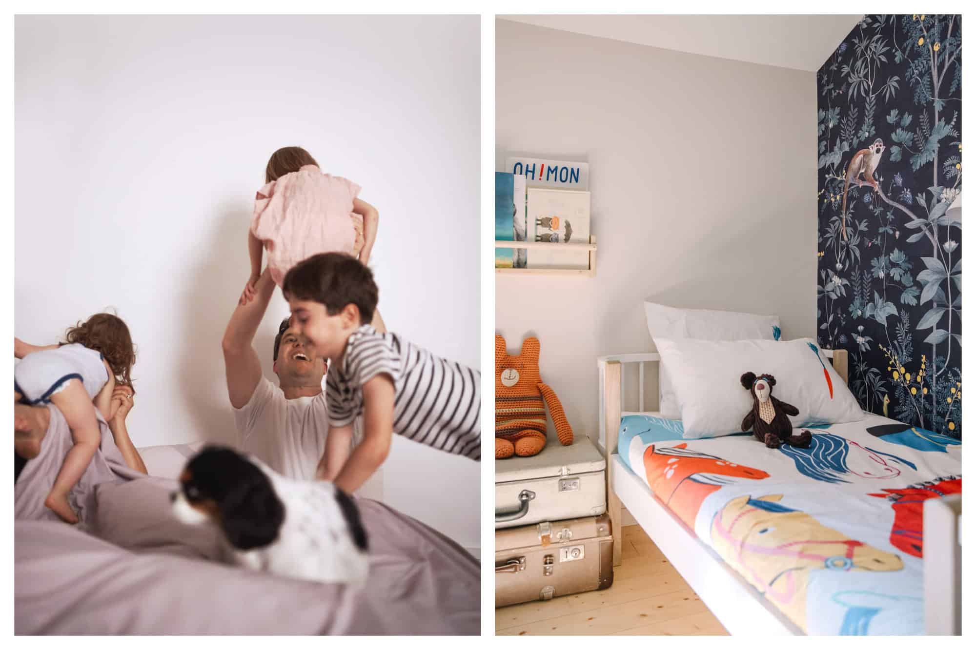 Left: A man, three young children and a dog are on a bed, climbing on one another and playing. Right: A children's room is pictured. One wall is decorated with wallpaper that has plants and a small monkey. The bedspread is white with large colorful images of horses, and there is a stuffed bear on top of the bed. 