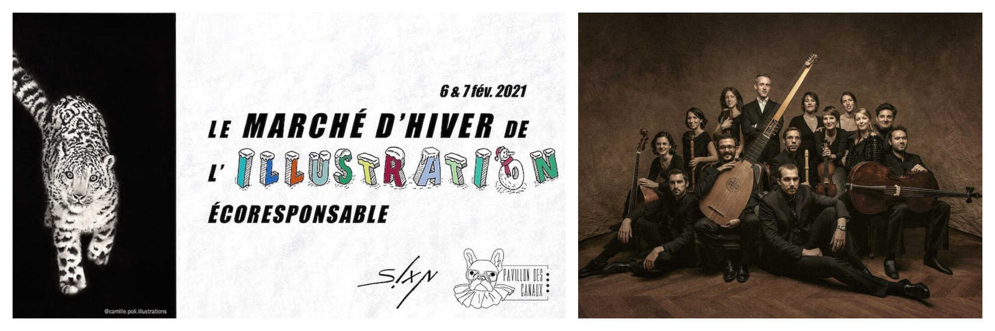 Left: The poster for Le Marché d'Hiver de l'Illustration Écoresponsable with an illustration of a white tiger on the left. Right: Sebastian Daucé, the conductor, and his ensemble of musicians pose for a photo with their musical instruments.