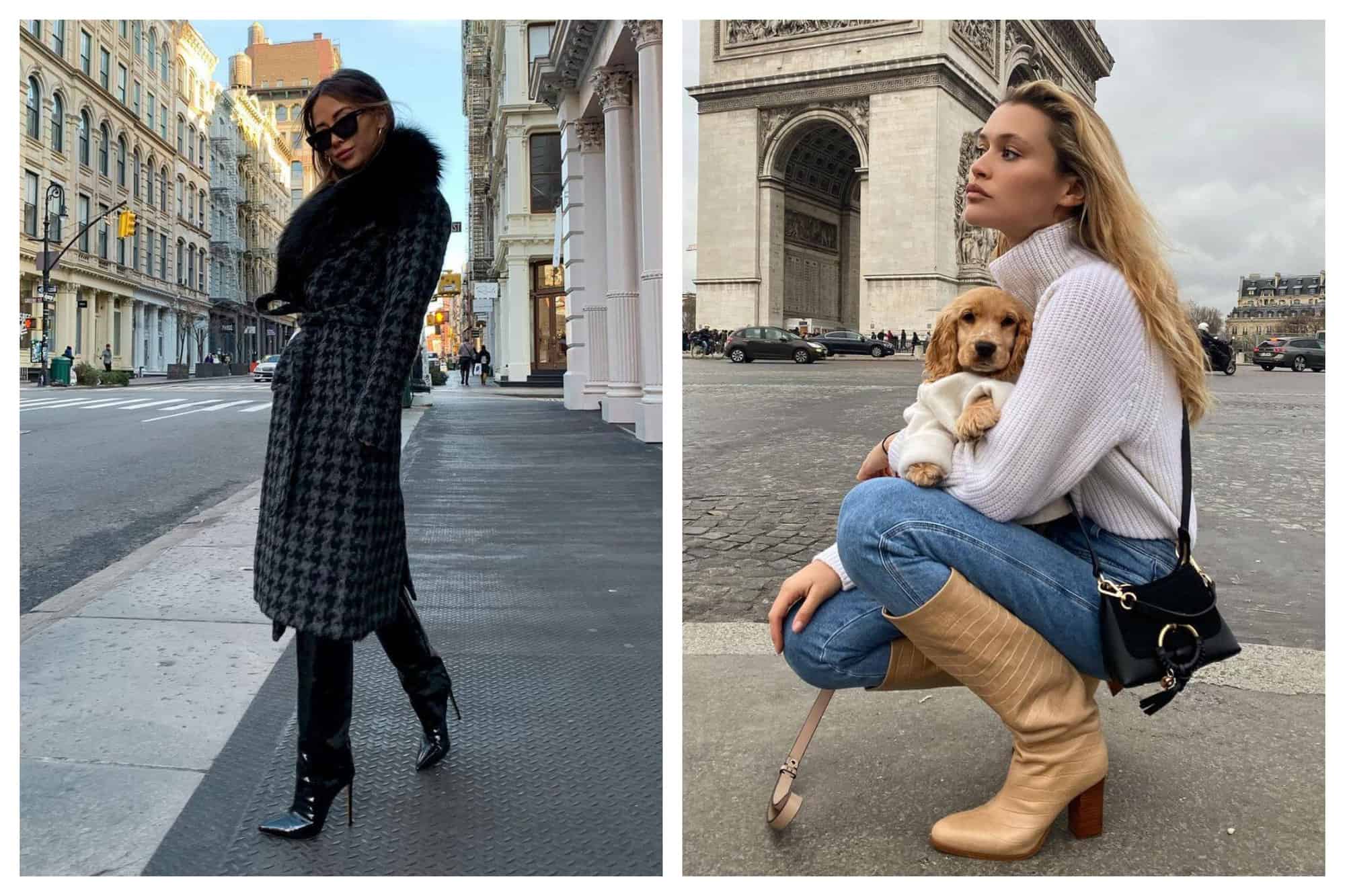 Left: Fashion blogger Bridget is walking in Prince Street in SoHo, Manhattan. She is wearing a pair of black sunnies, a blue-green and black houndstooth plaid coat with black fur collar, and a pair of black leather knee-high boots with 3 inches pointy heels. Right: Fashion blogger Chloe Lecareux is hugging her dog while squatting. The Arc de Triomphe is behind her. She is wearing a white knitted pull, a pair of denim jeans, a small black purse worn across her torso, and a pair of beige crocodile leather boots. Her boots have 2 inches blocked heels. Her dog appears to wear a white type of shirt to match her.