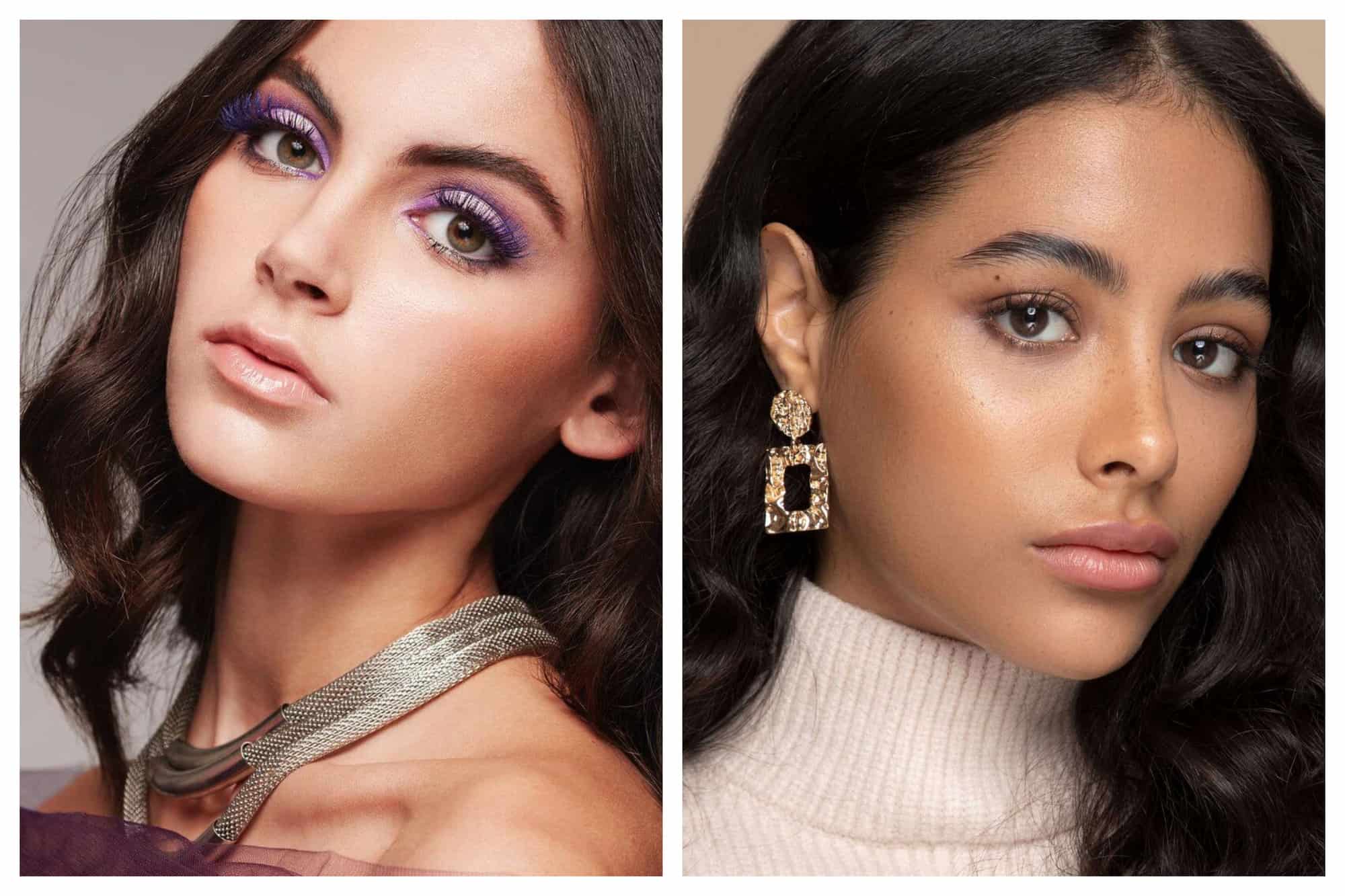 Both photos are beauty portrait shots. Left: A model is seen wearing purple eyeshadow with falsies clipped on. Her face is well contoured and she has a nude lipstick on. She appears to wear a magenta-purple type of laced top with a thick silver necklace. Right: A model is seen sporting the "au naturel" make up look that parisians are famous for. She has nude eyeshadow and lipstick. Her cheek blush is neutral too. Her eyelashes are swept with a bit of mascara.