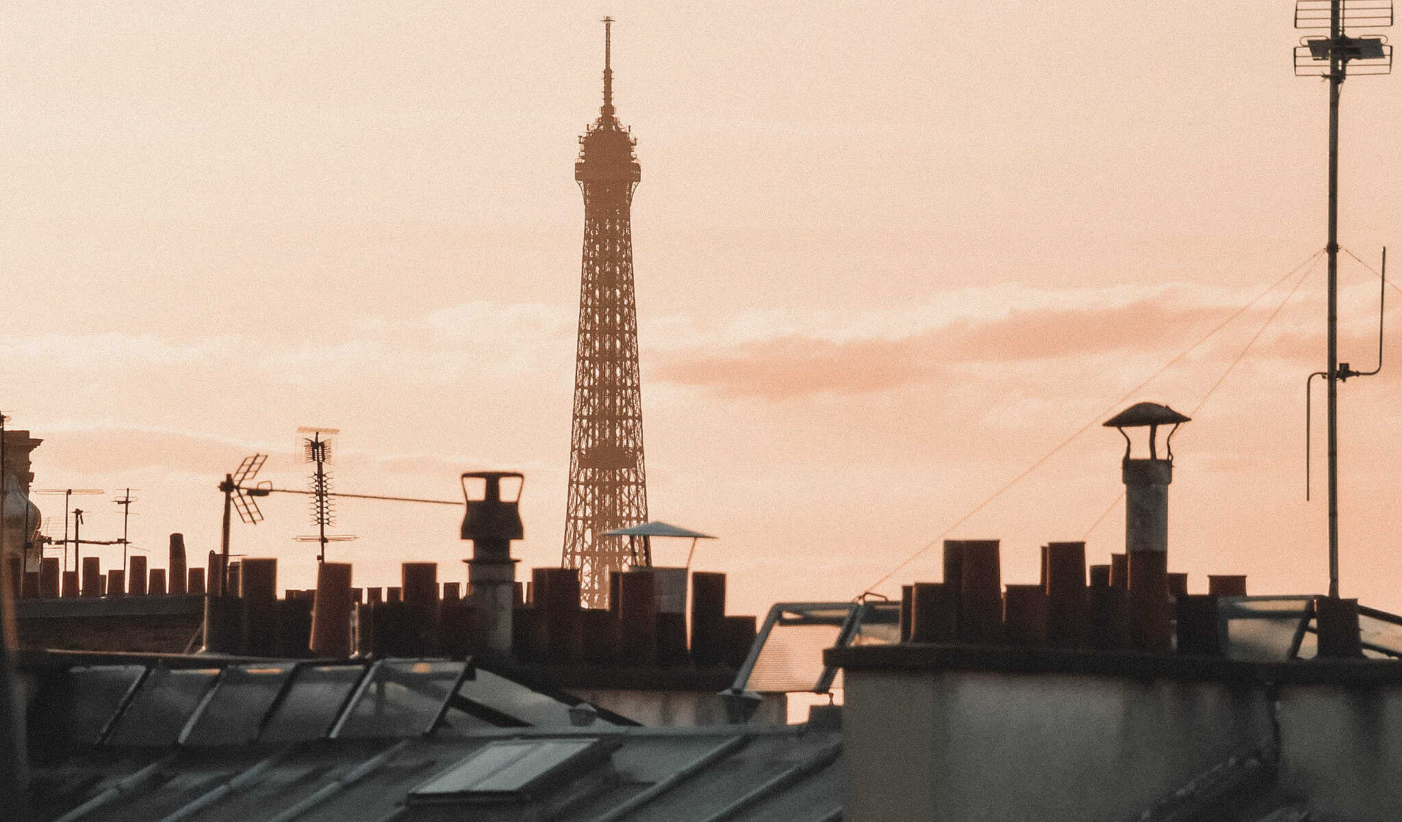 The Eiffel Tower's seen during sunset and with Parisian zinc roofs.