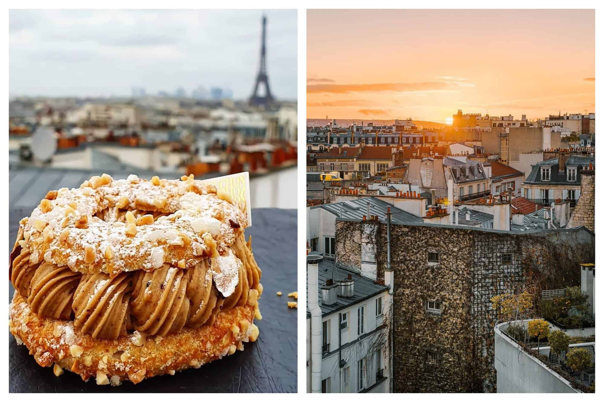 Left: The french dessert Paris-Brest is beautifully captured with the Eiffel Tower in the background. Right: The Parisian rooftops at sunset, with the golden sky in the background.