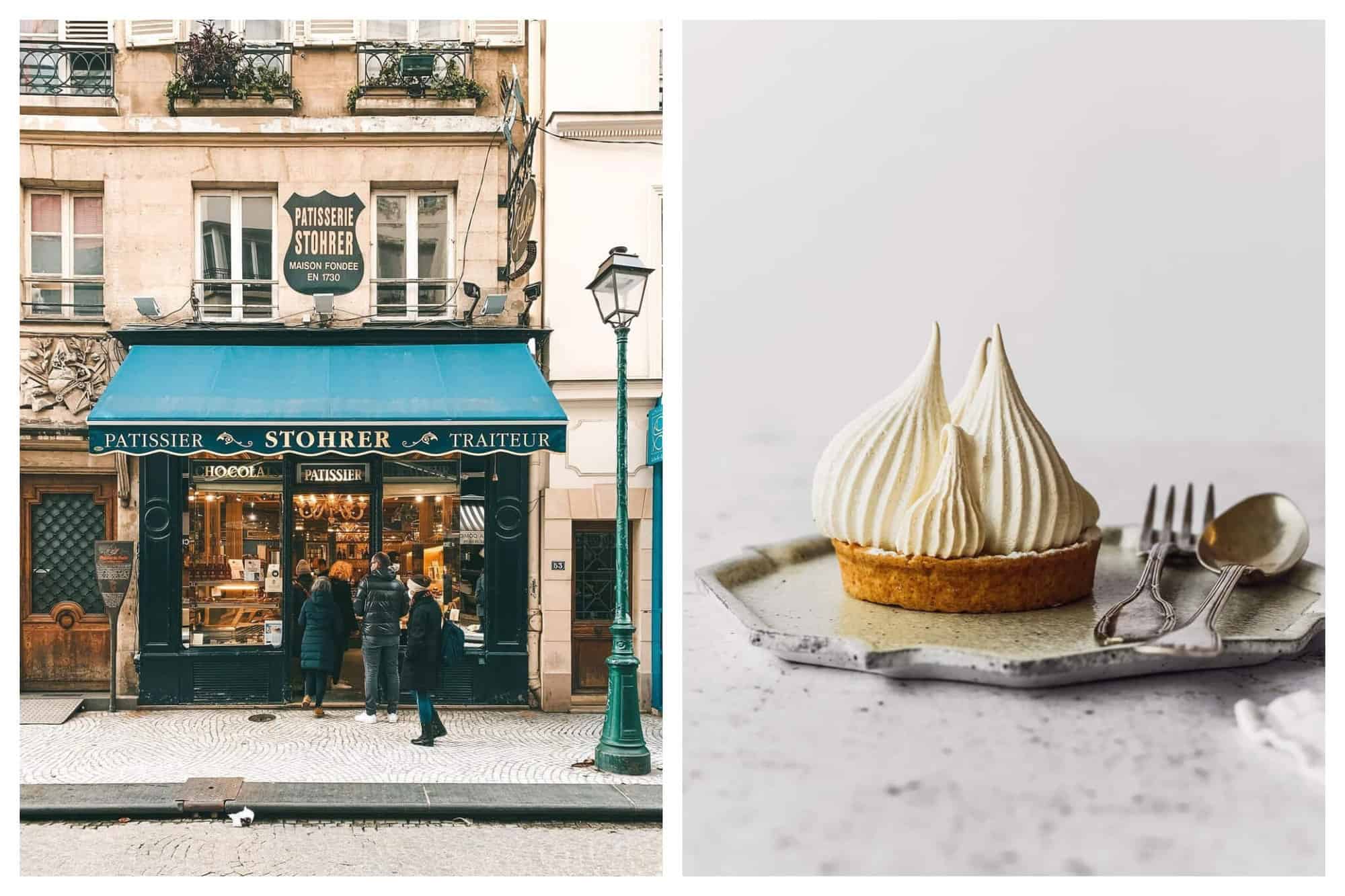 Left: Stohrer, the oldest patisserie in Paris, is pictures with its usual queue of clients. Right: A cute little piece of Tarte Citron Meringuée is captured in a dish with a spoon and a fork.