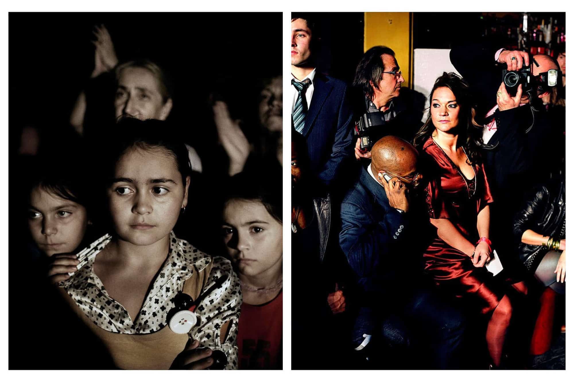 Left: The picture is focused on 3 young girls from South Ossetia, Tskhinvali in Georgia with some adults clapping behind them. Right: A picture of a crowd of spectators, photographers and agents during a fashion show in Paris's fashion week.