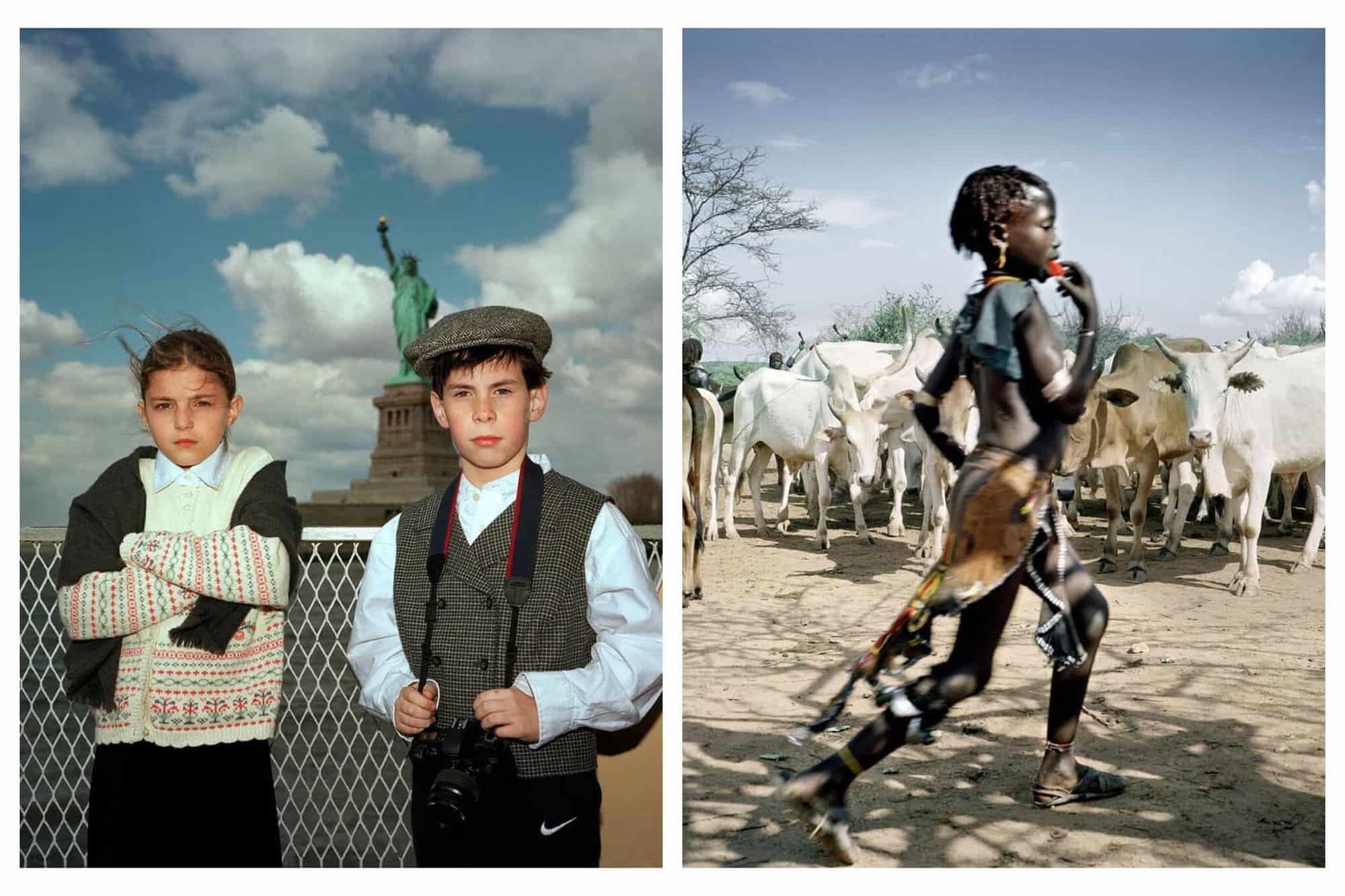 Left: Two immigrant kids in a ferry boat, on their way to visit the Statue of Liberty in New York City. Right: A hamer girl walks in front of the bulls dressed with the traditional calf-skin skirt in Ethiopia.