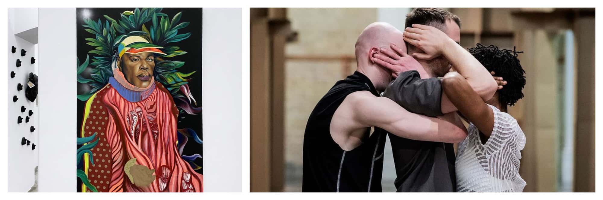 Left: A picture of a gallery with a painting of an African man in his tribal costume. Right: A photo of 2 men and a woman in what appears as a contemporary dance performance.