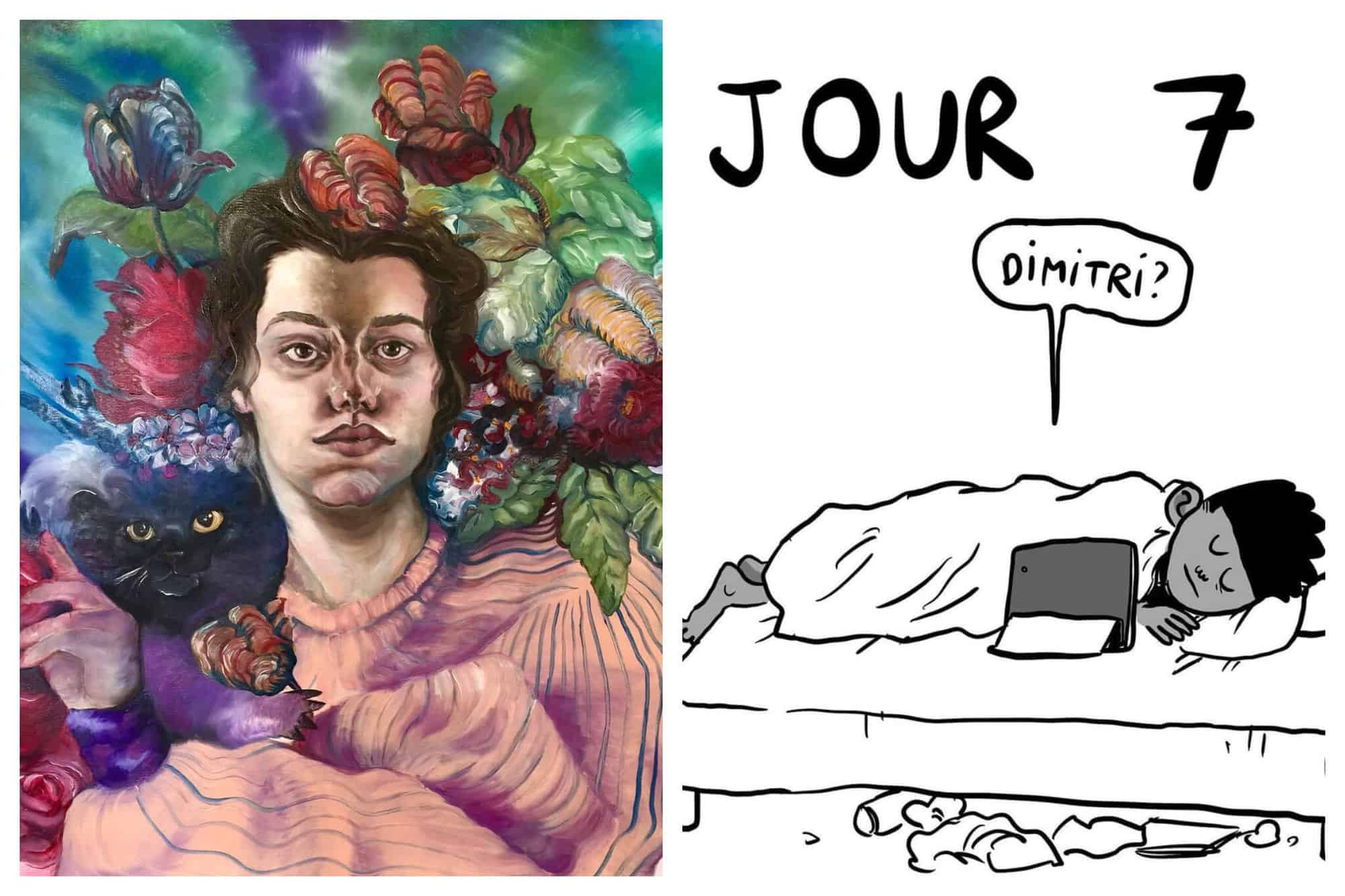 Left: A painting of a woman, her cat, and different flowers. Right: A comic drawing of a student named Dmitri who is sleeping during what appears to be an online class.
