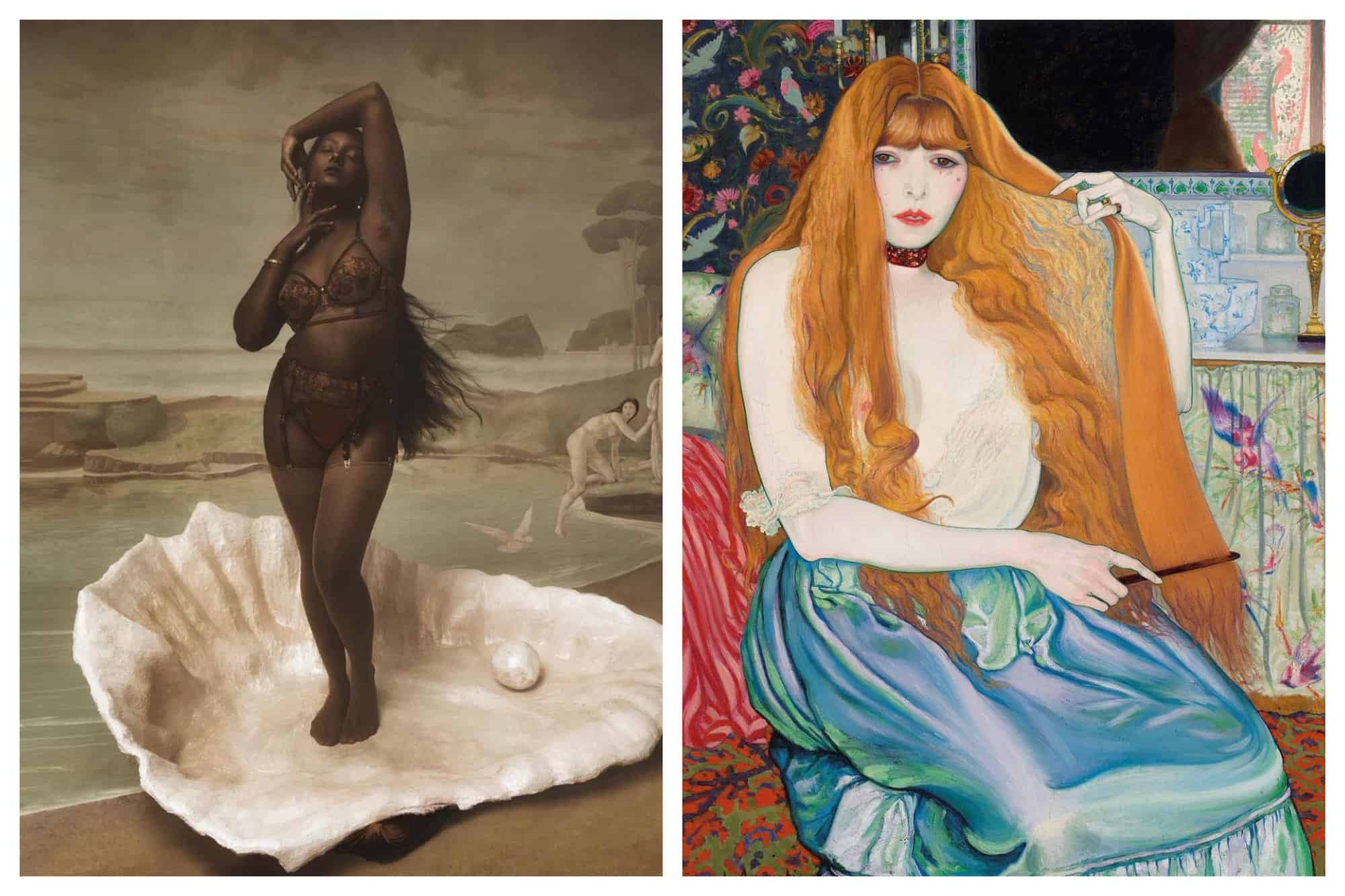 Left: A recreation of the painting 'Birth of Venus' by Botticelli. Right: A painting of a woman combing her long red hair. She is wearing a white top and a blue skirt.