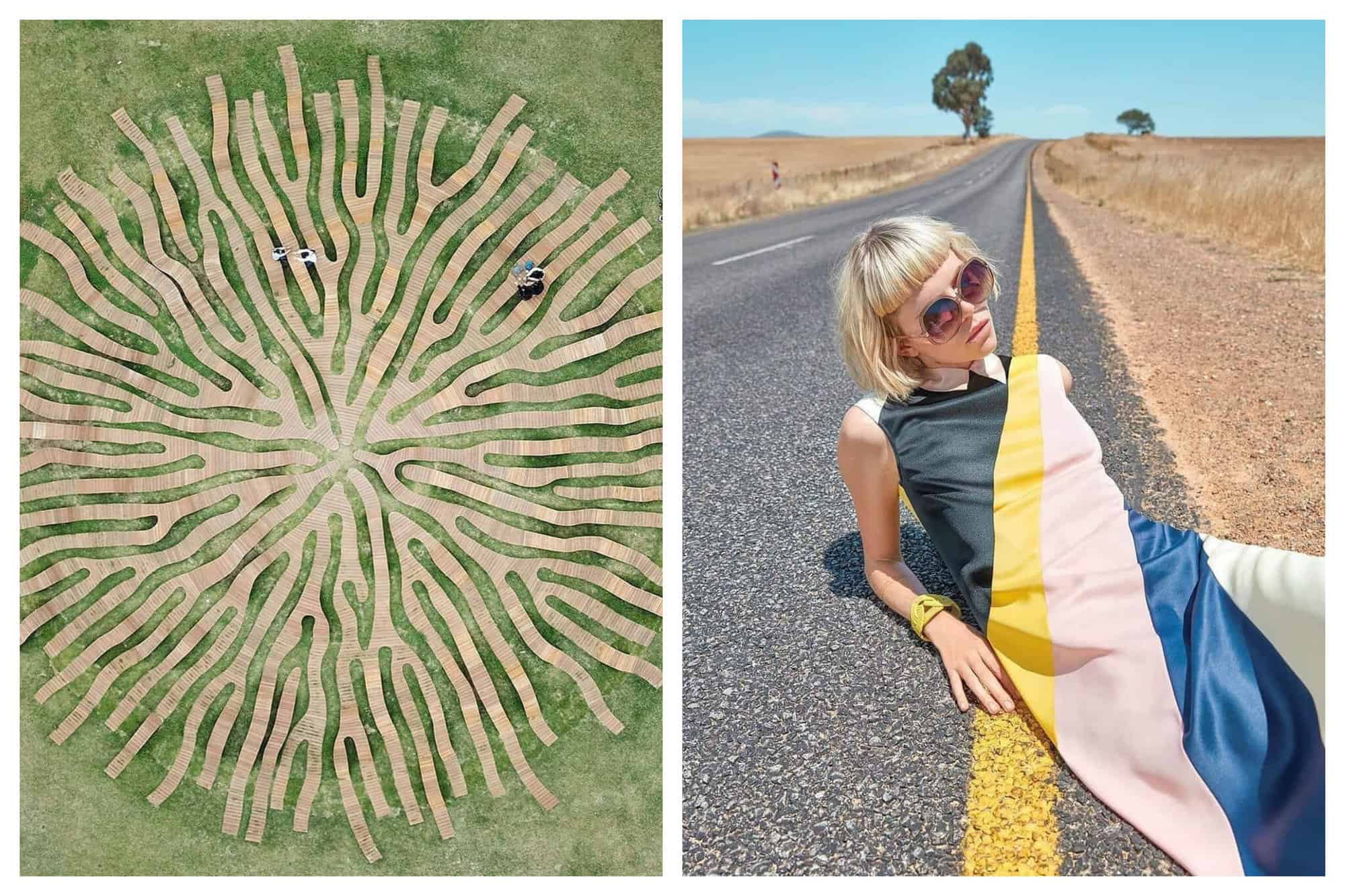 Left: A drone shot of the Root Bench in Seoul Hangang Park, South Korea. Left: A girl in a colorful dress is matching the road with the yellow stripe on across her torso.