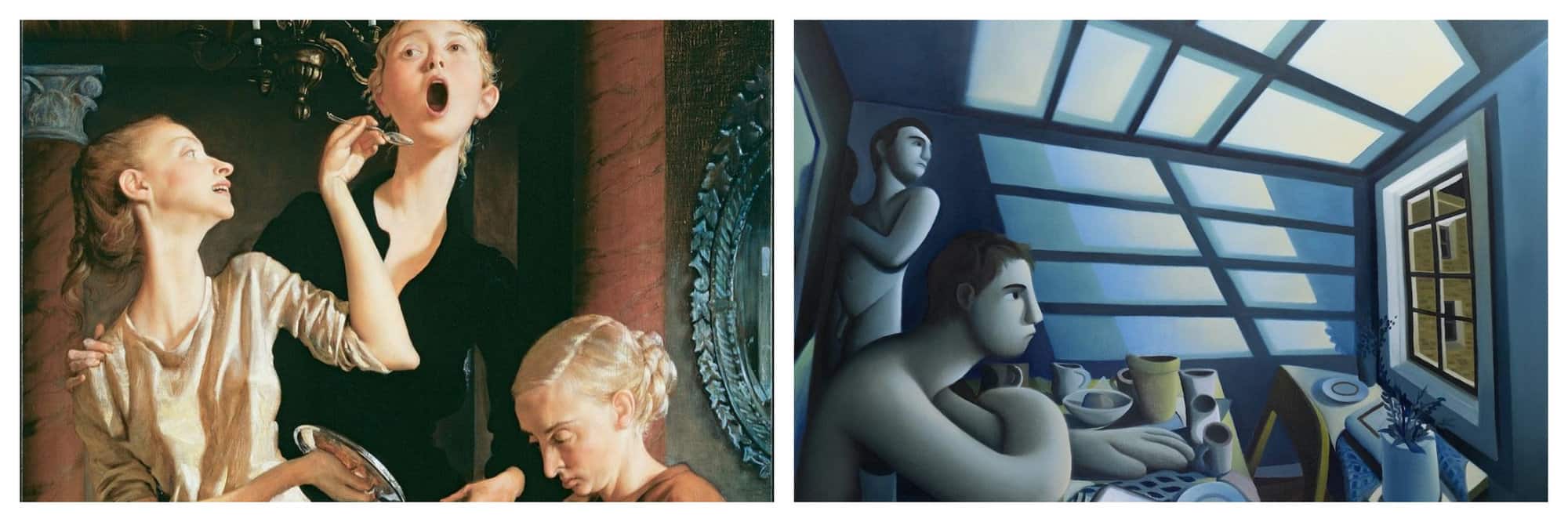 Left: A painting of 3 women sharing a meal and their house chores. Right: A painting of 2 naked men confined during the first Covid-19 lockdown.