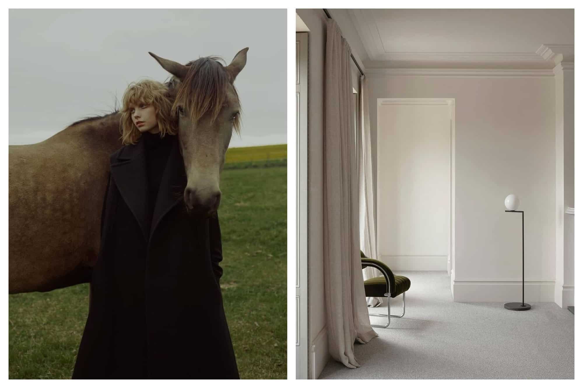 Left: A picture of a woman in black beside a brown horse. Right: A picture of a living space that is stylish and minimalist.