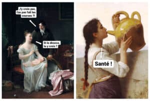 Left: A painting from the Regency Era of a family of 3 (a husband, a wife, and their child). Right: A painting of a woman drinking from her ceramic picture with an added caption saying 'Cheers!'