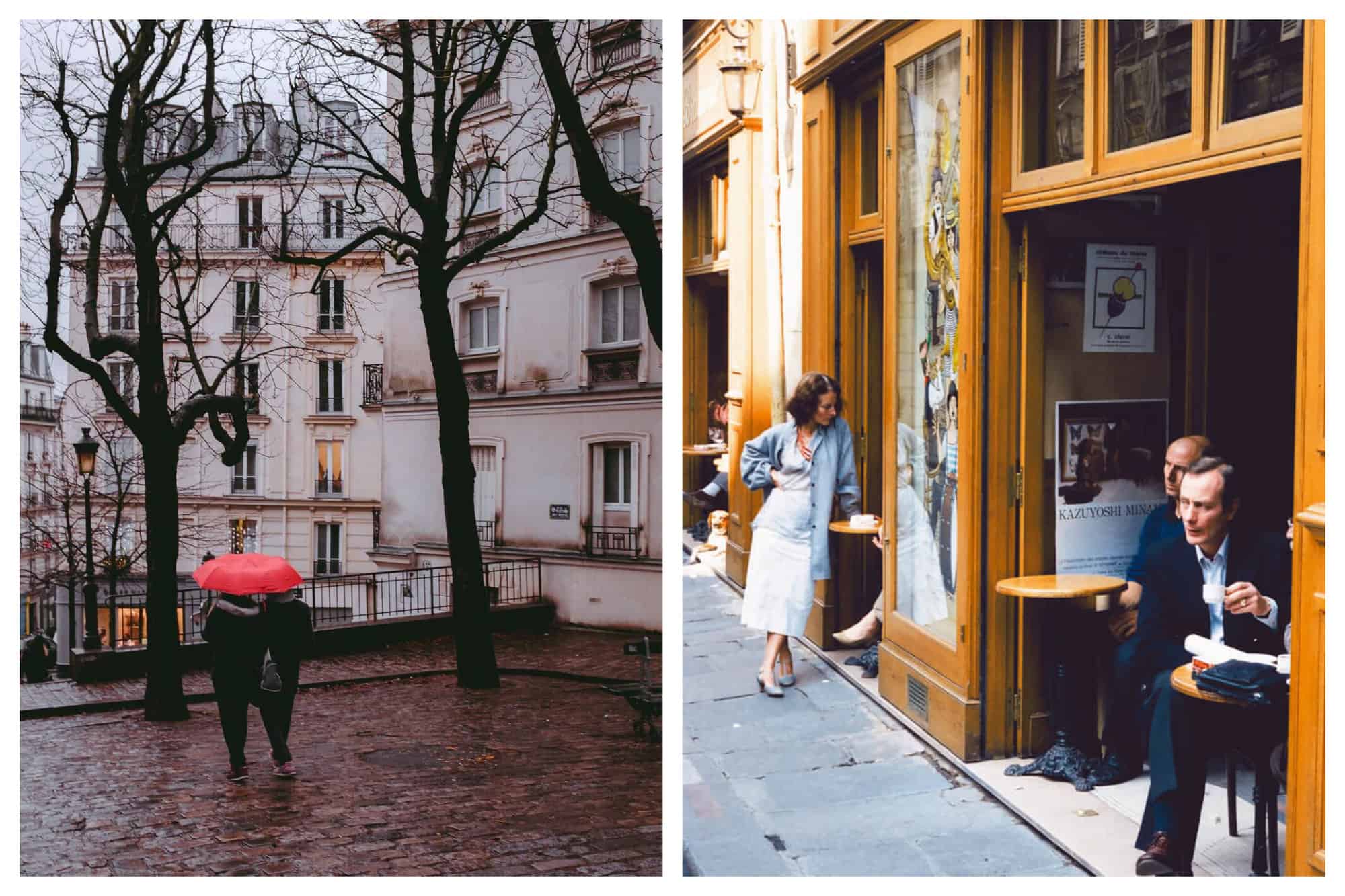 Left: 2 people are seen sharing a red umbrella in Montmartre. Right: A Parisian bar is pictured along with its customers including a lady standing talking to another person, a seated man looking at the street, and another man drinking his espresso.