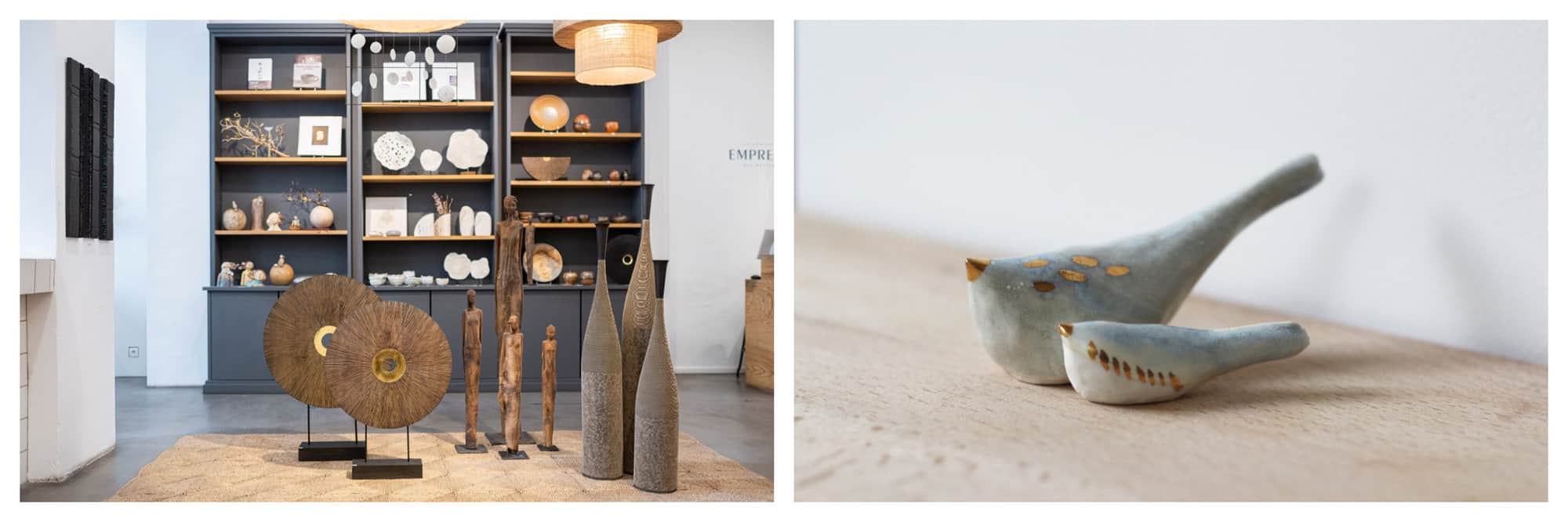 Left: an interior shot of Empreintes concept store in Paris. Right: Two sculptures of a mother bird and its young. 