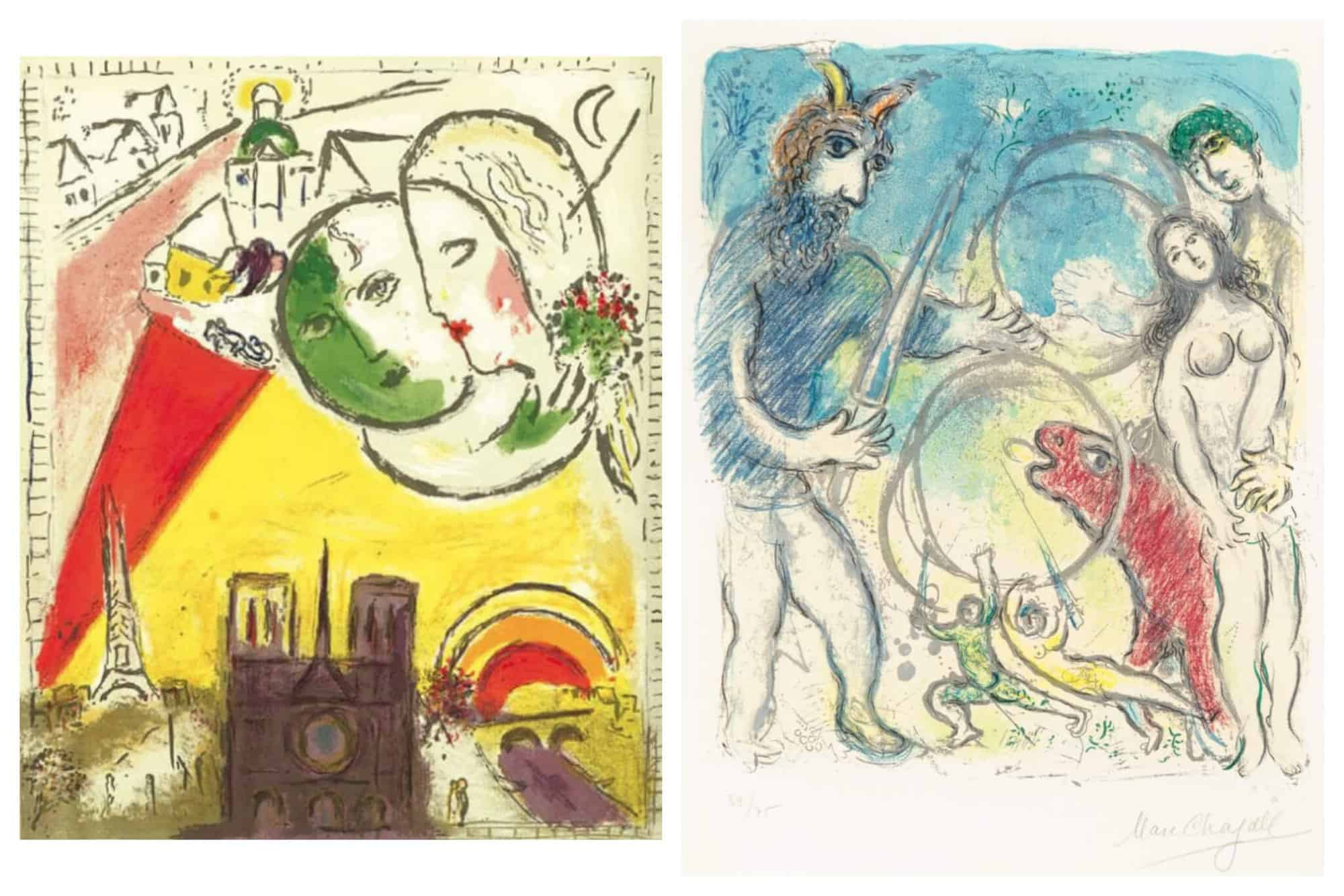 Two colour lithographs by Marc Chagall. On the left is Dimanche, and on the right is A La Femme.