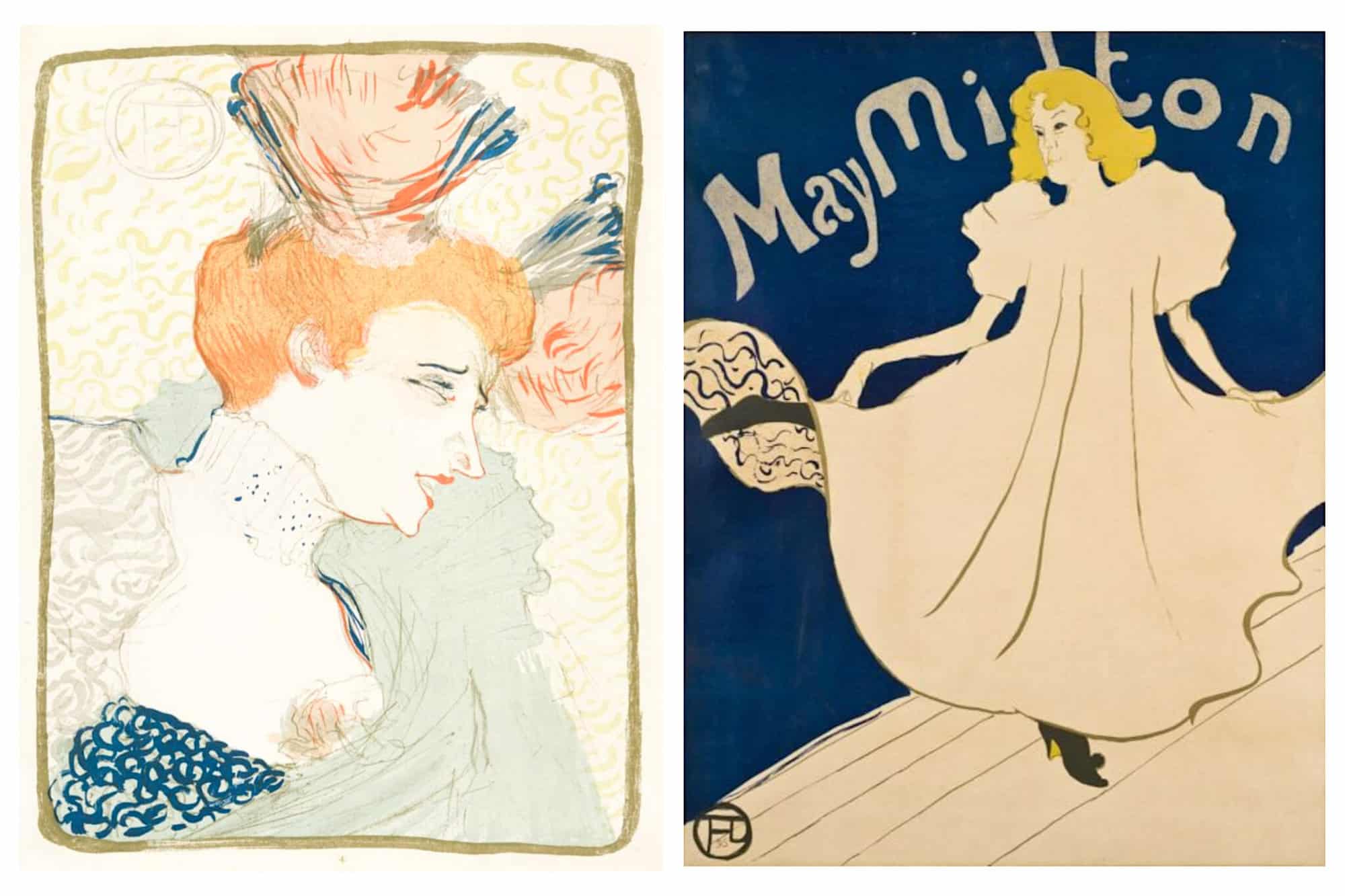 Two colour lithographs by Henri de Toulouse-Lautrec. On the left is Madeloiselle Marcelle and on the right is May Milton.