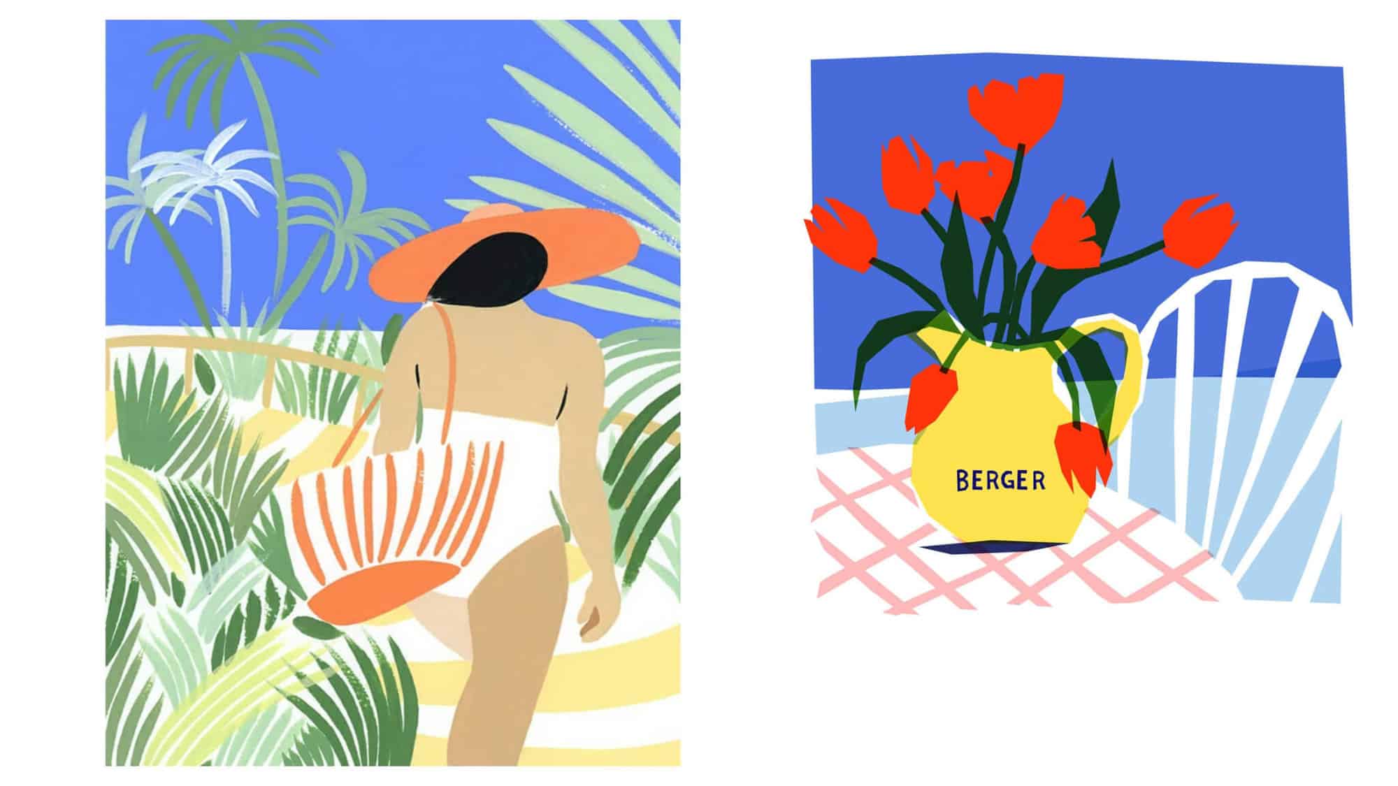 Left: a colour print by Mugluck of a woman in a swimsuit with a bag and hat walking through greenery to the beach. Right: a colour print by Marie Doazan of a vase of flowers on a table next to a chair. On the vase is the word 'Berger'.