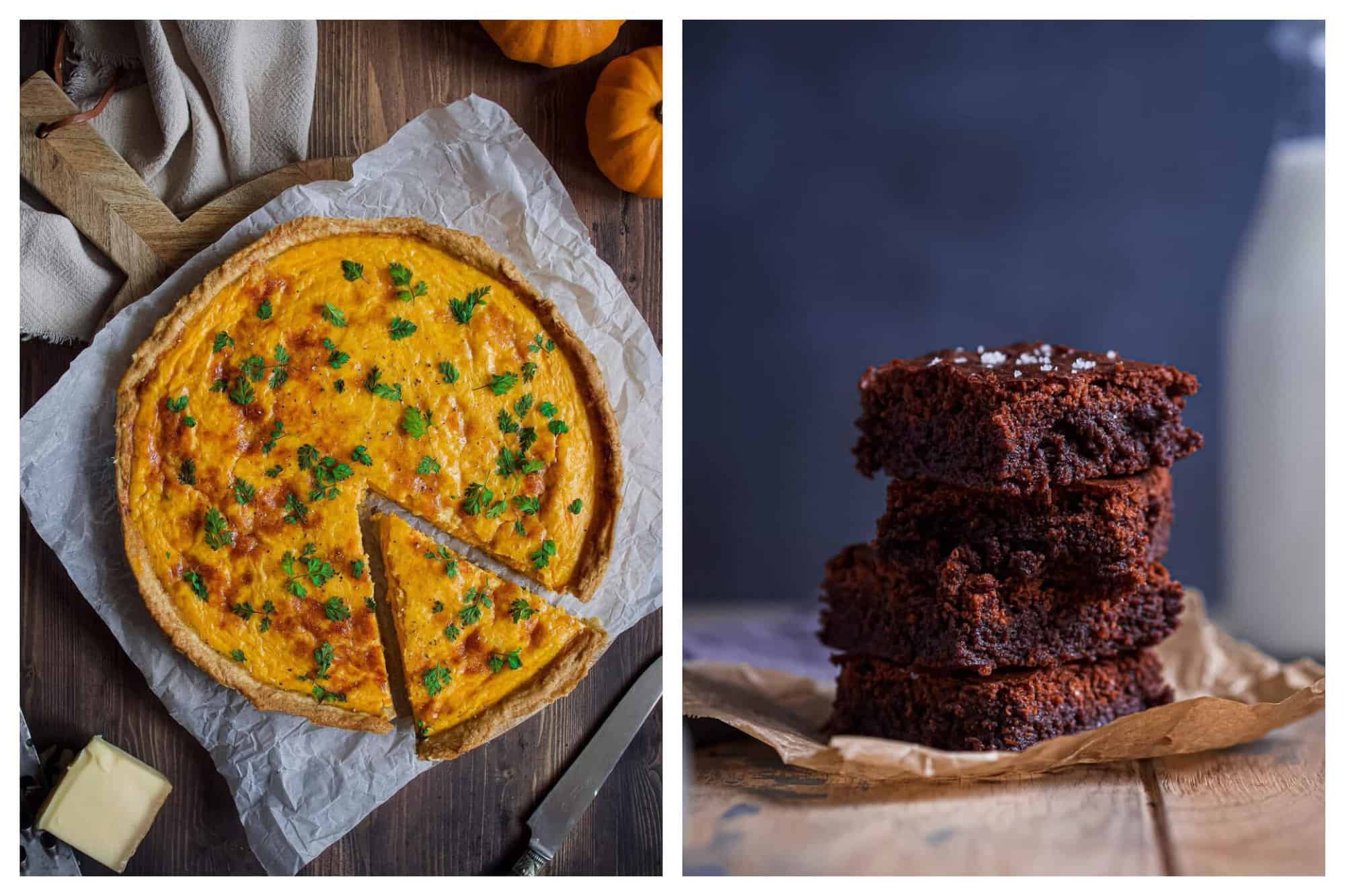 Left: An orange colored quiche, with one piece sliced out is resting on top of parchment paper and a wooden countertop. Right: Four brownies are stacked on top of one another over a piece of parchment paper, with a sprinkle of salt on the top one. 