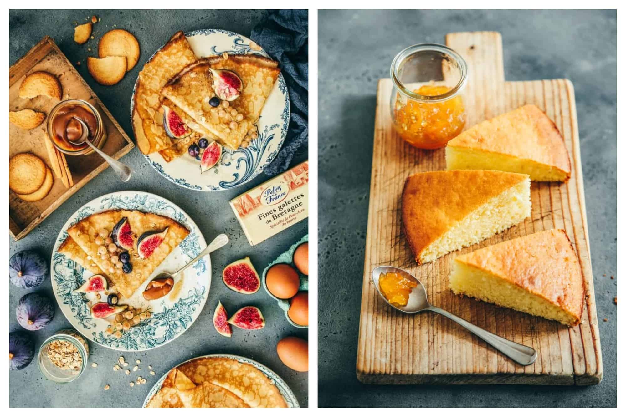 Left: A spread of breakfast food, including plates of crepes with figs on top, various cookies, eggs, butter, and figs, are pictured on top fo a table. Right: Three slices of a yogurt cake are cut and placed on a wooden board. There is a spoon and a container that both hold orange jam. 