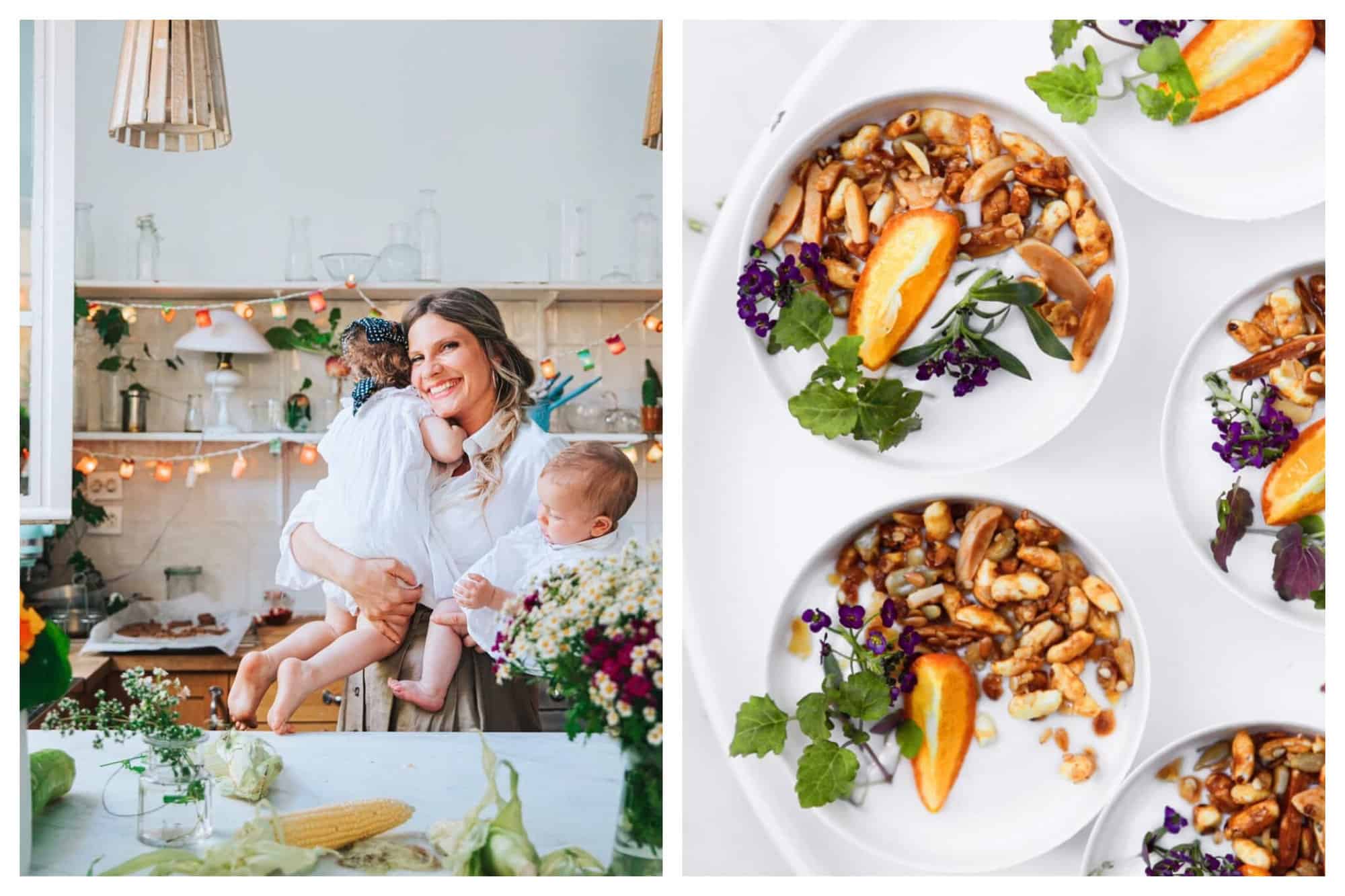 Left: A woman stands in a kitchen, holding two young children. The children aren’t looking at the camera but the woman is, and she’s smiling. Right: Six bowls are pictured filled with yogurt, nuts, and a variety of garnishes. 