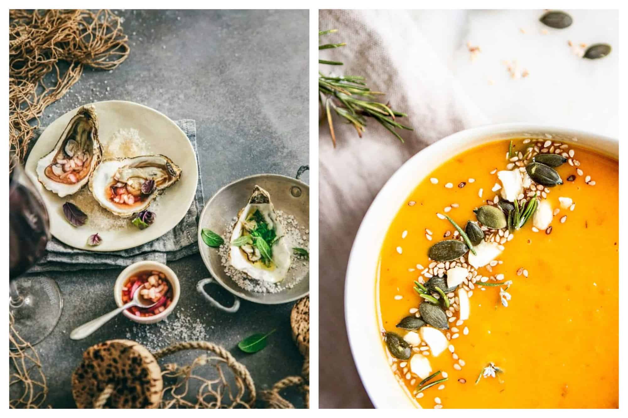 Left: Oysters and garnishes are pictured on a stone colored surface. Right: An orange soup, garnished with various seeds is pictured on top of a marble countertop.