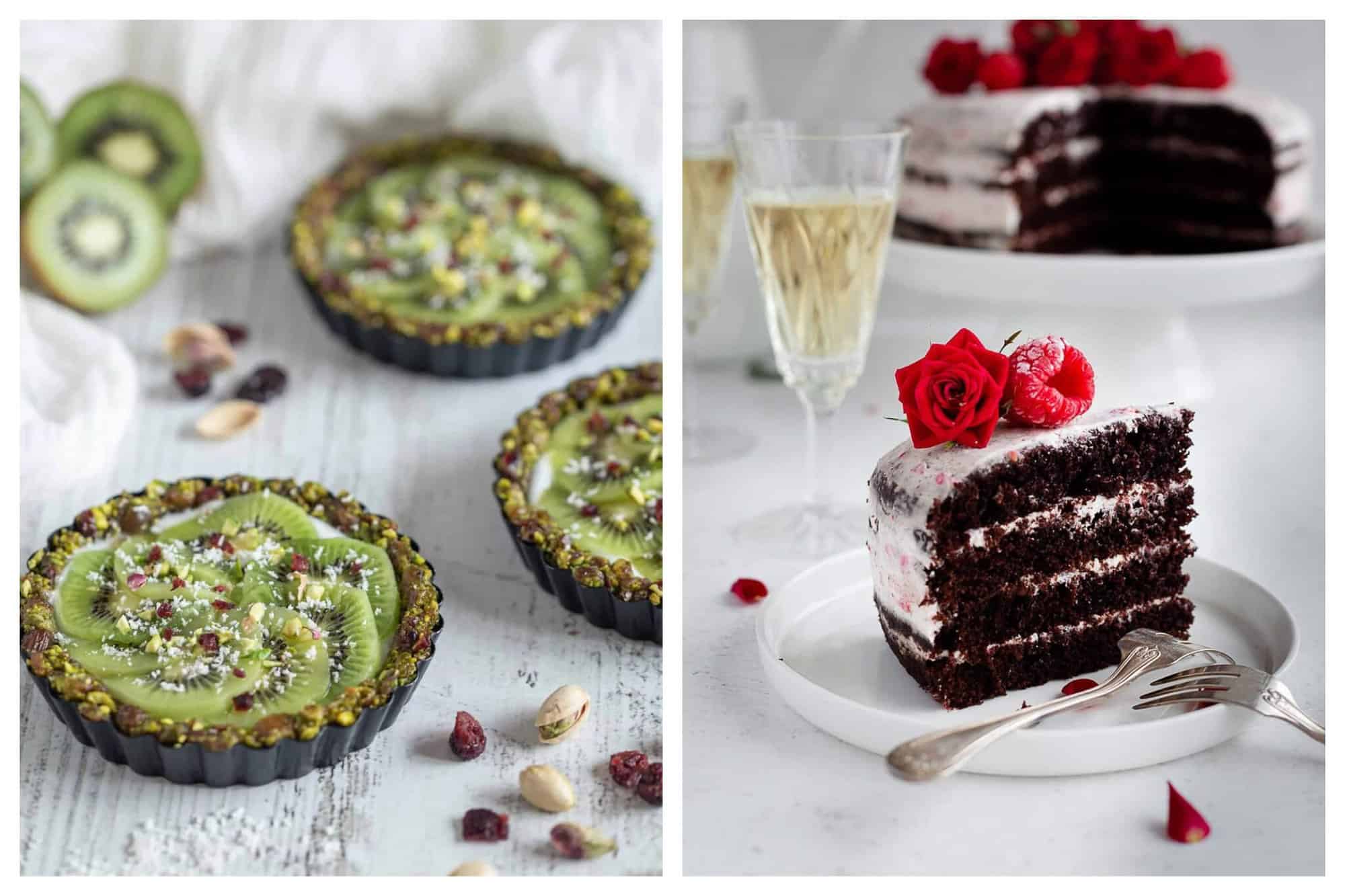 Left: Three kiwi tarts are pictured, garnished with various nuts. Right: A slice of chocolate cake is pictured on a plate, with two forks next to it. The cake has a white and slightly pink icing on it, and a raspberry and rose as a garnish on top. In the background, two filled Champagne flutes, and the rest of the cake is pictured. 