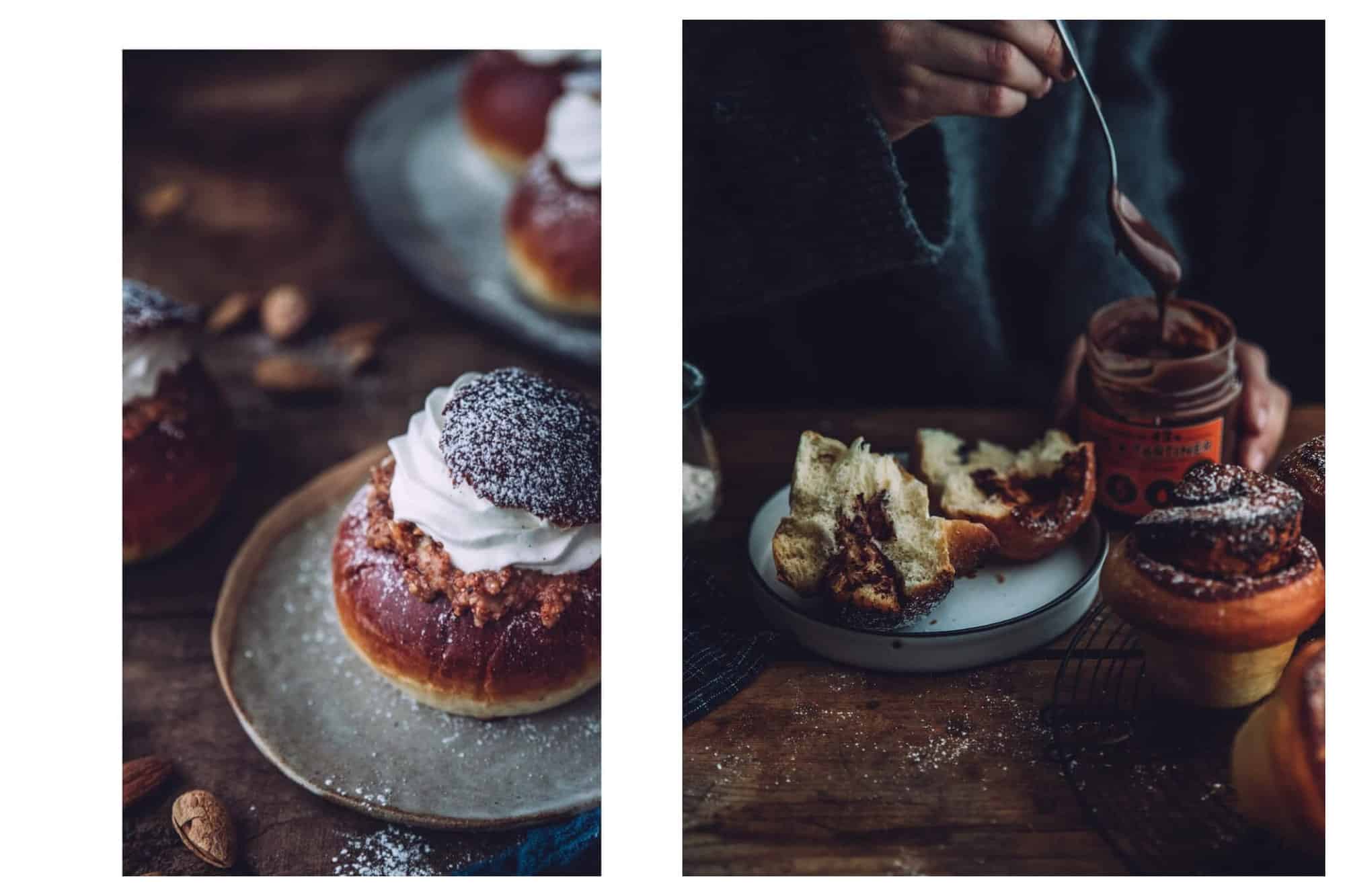 Left: An intact brioche is pictured on a plate. It’s topped with cream, chocolate, and icing sugar.  Right: A brioche has been broken open, with someone taking a spoonful of a chocolate spread to place inside. 