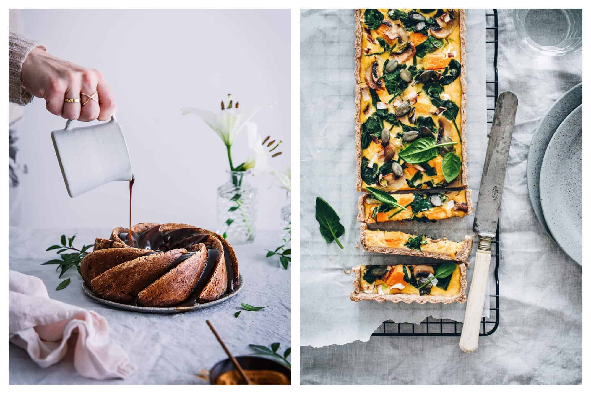 Left: A chocolate syrup is being poured on top of a cake, resting in the middle of a table. Right: A tart with spinach, squash, and mushrooms has been sliced up and is resting on top of parchment paper. The knife is pictured next to the tart. 