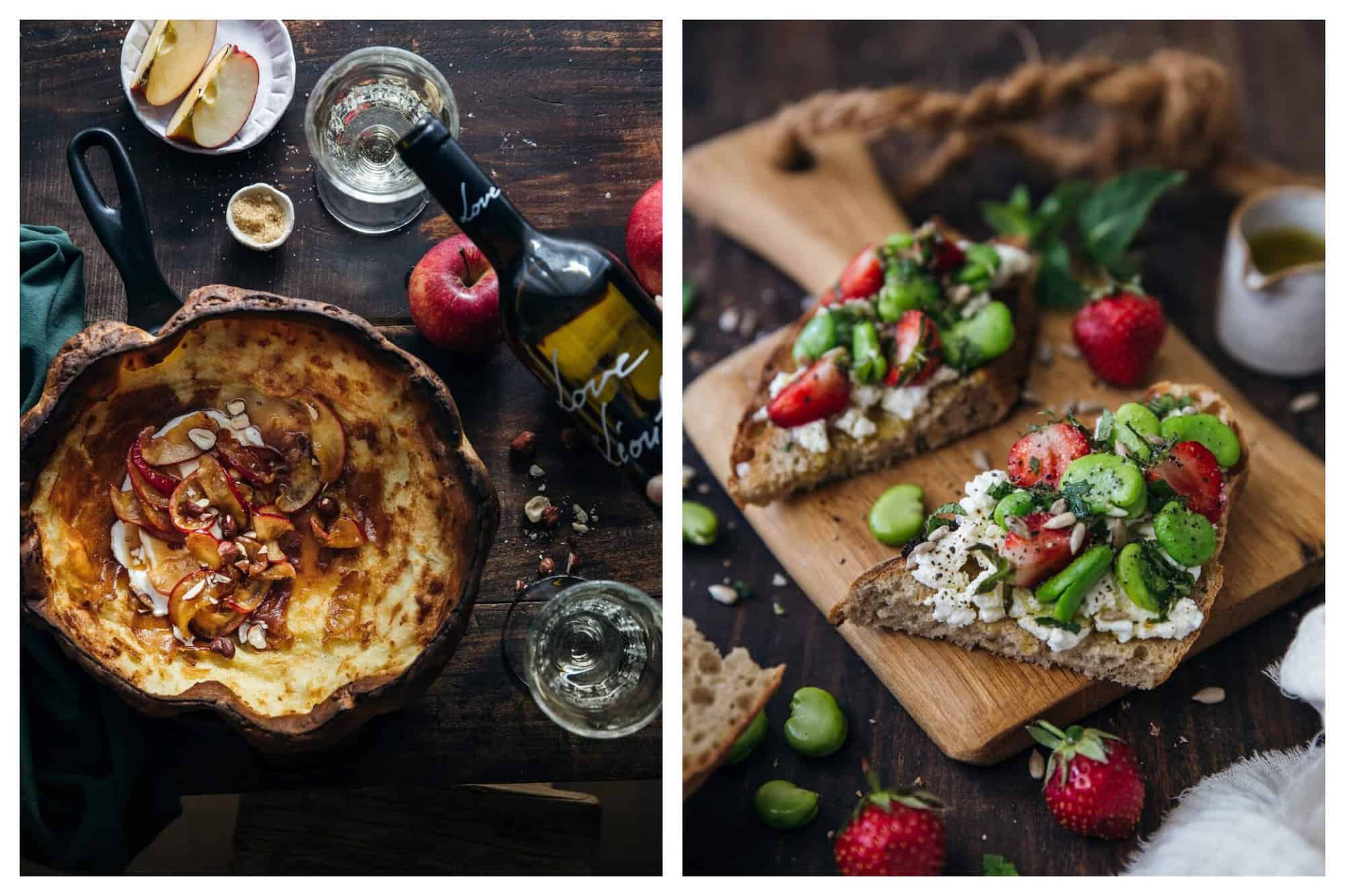 Left: A spread of food and beverages, including a large dutch baby pancake, apples, and wine being poured into glasses are pictured on top of a dark brown countertop. Right: Two pieces of toast are pictured on top of a wooden board. The toast is topped with ricotta cheese, strawberries, and fava beans.
