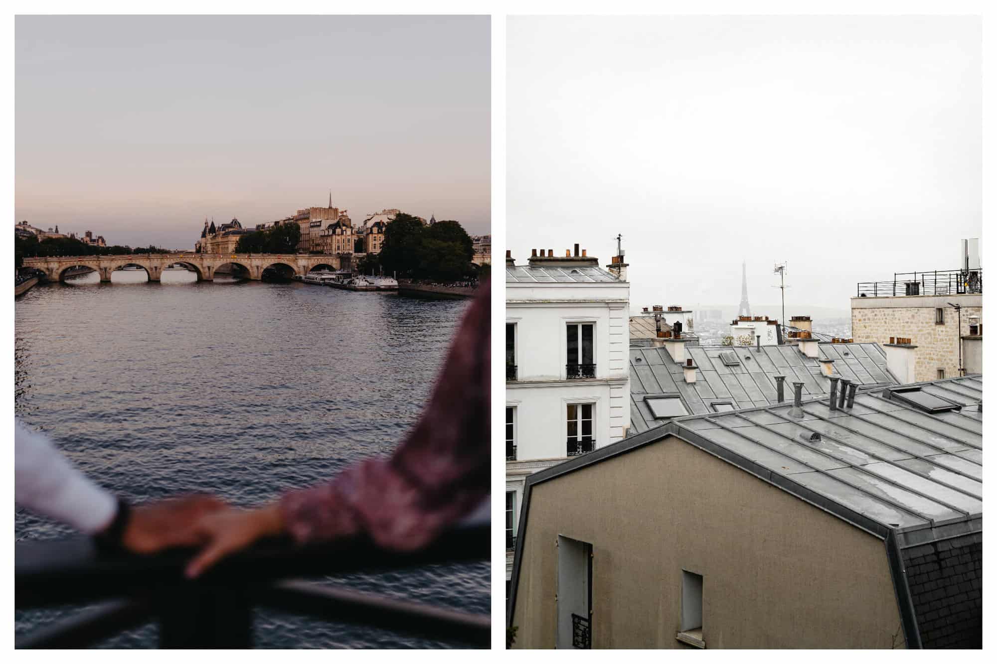 Left: A couple stands on a bridge in Paris, with their hands touching one another. There is the view of a bridge, a body of water, and various buildings in the background. Right: A photo taken from a rooftop in Paris. The Eiffel Tower is faintly visible in the background. 