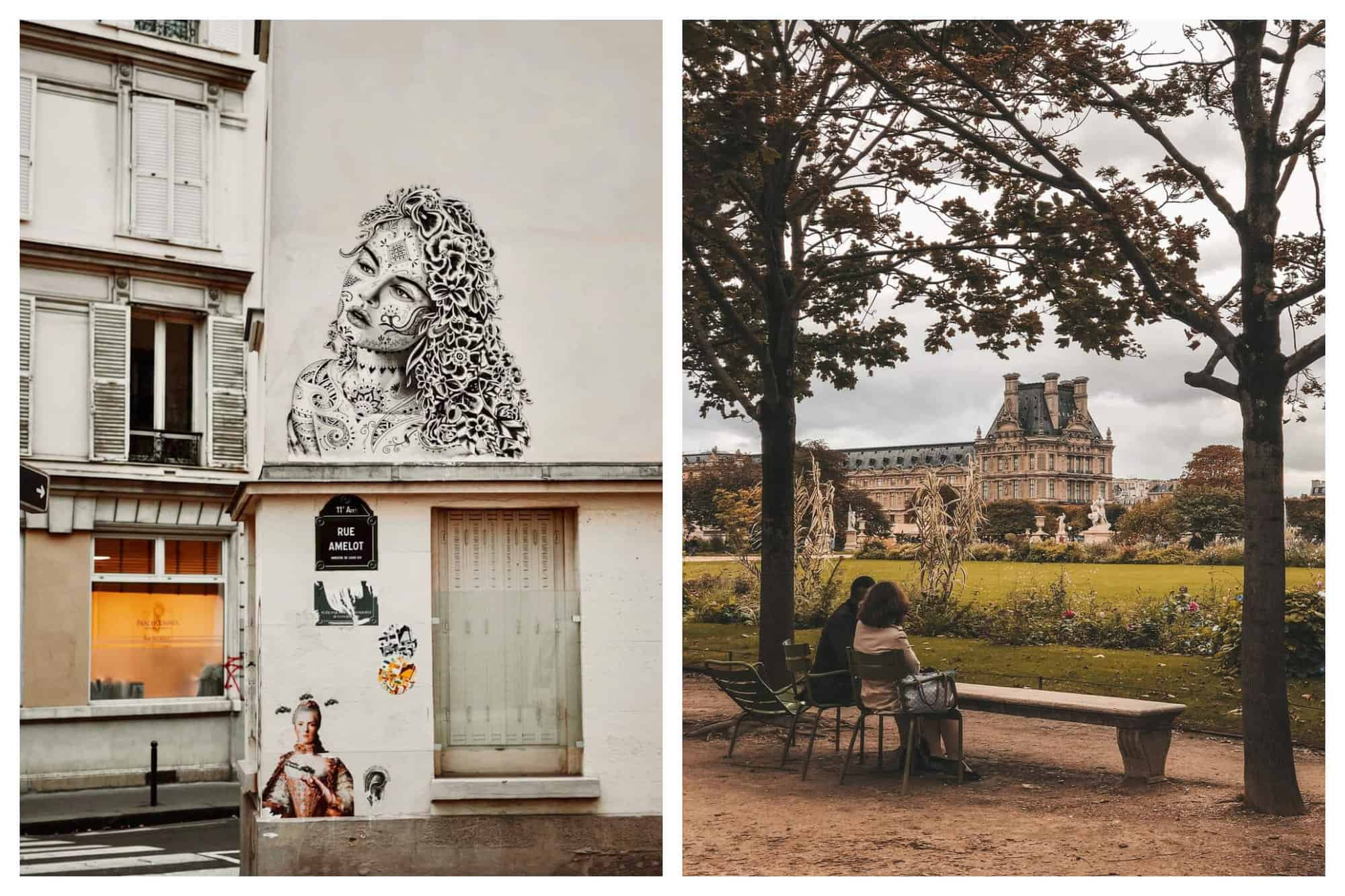 Left: Rue Amelot in the 11th arrondissement of Paris. Street art of a woman is pictured on a building. Right: Jardin des Tuileries in Paris. A couple sits on chairs with their backs facing the camera. 