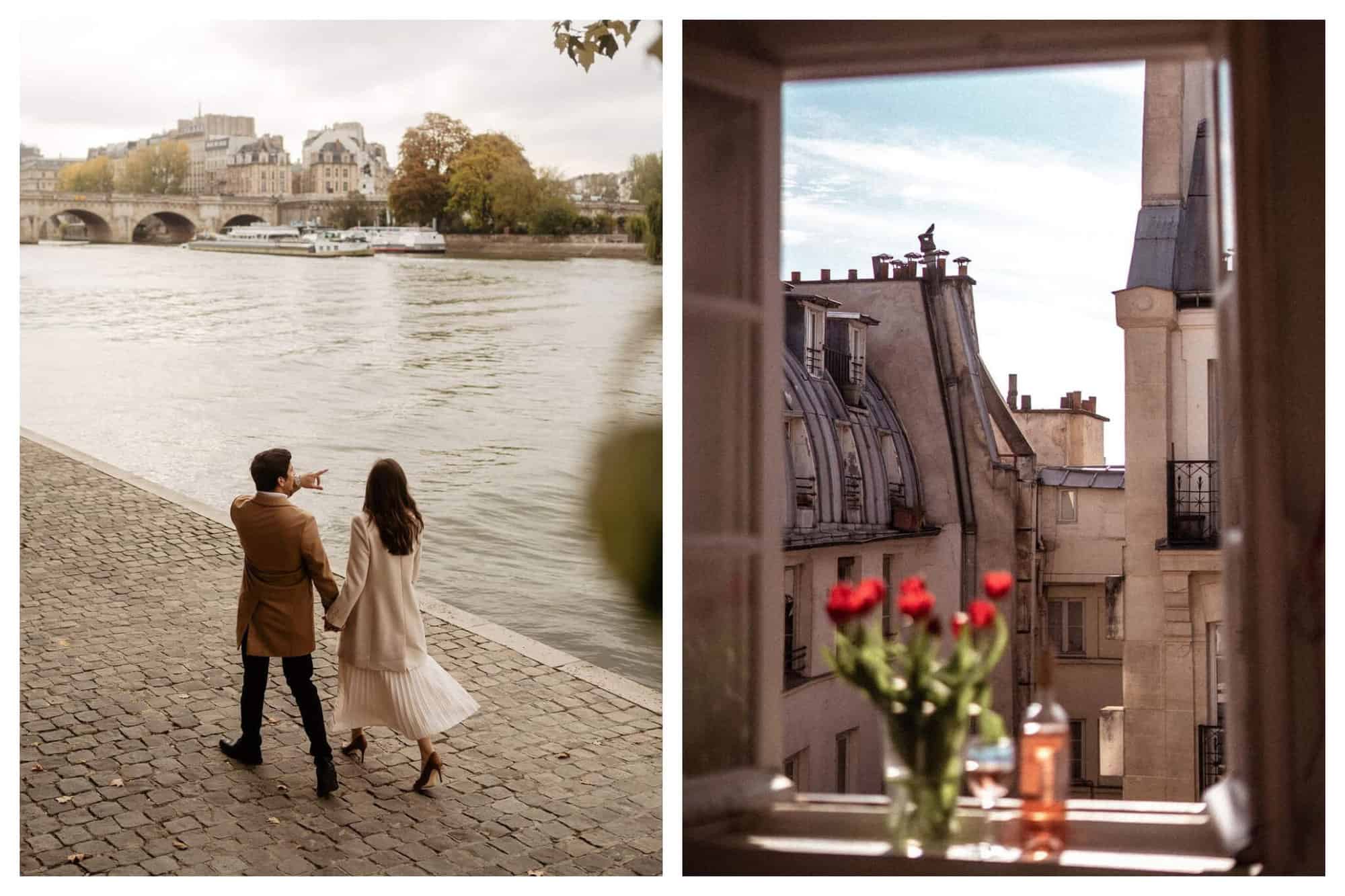 Left: A couple walks by the Seine in Paris. They are holding hands with their backs facing the camera, the man is pointing towards something in the distance. Right: A window is open, showing traditional Parisian buildings. On the ledge, there are red flowers, a bottle of Rosé wine and a glass filled with wine. 