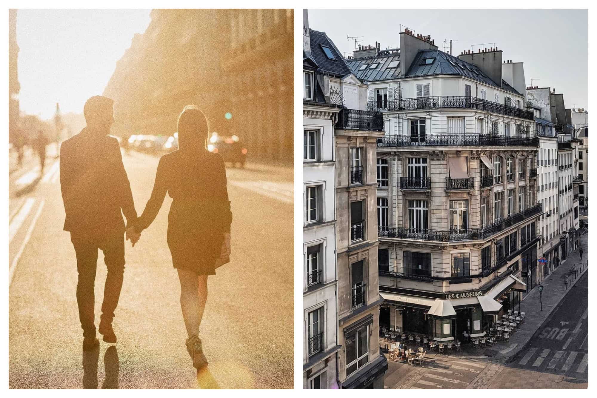Left: A couple holds hands with their backs facing the camera as they walk down a street in Paris. The sun is setting in the background. Right: A Parisian building and street are pictured.