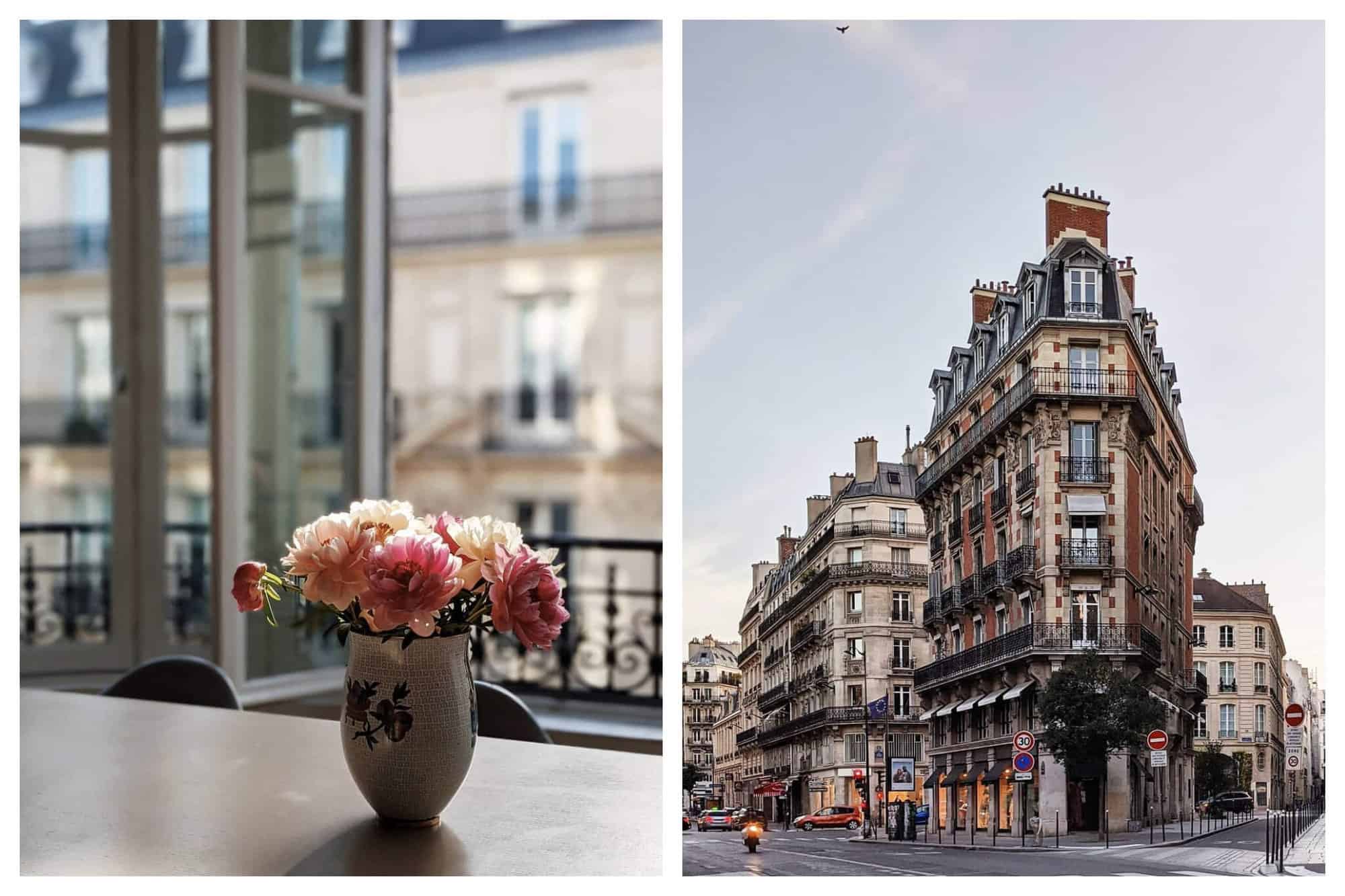 Left: A small vase of white and pink flowers is resting on top of a table. In the background, a window is open, with traditional Parisian buildings visible. Right: Various buildings and streets in Paris. 