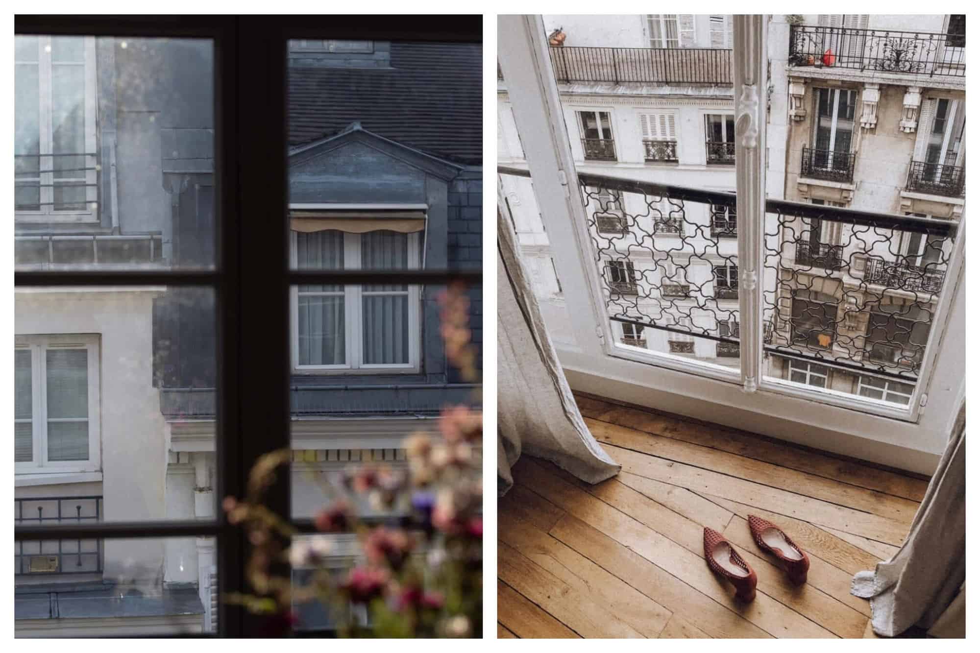 Left: The photo is taken from within an apartment, facing a traditional Parisian building. The panels of the window are visible in the shot, as well as some flowers out of focus in front. Right: A photo of the floorboards in a Parisian apartment, with a pair of closed toed heels on the floor. The view from outside the window is also visible, with traditional Parisian apartments outside. 