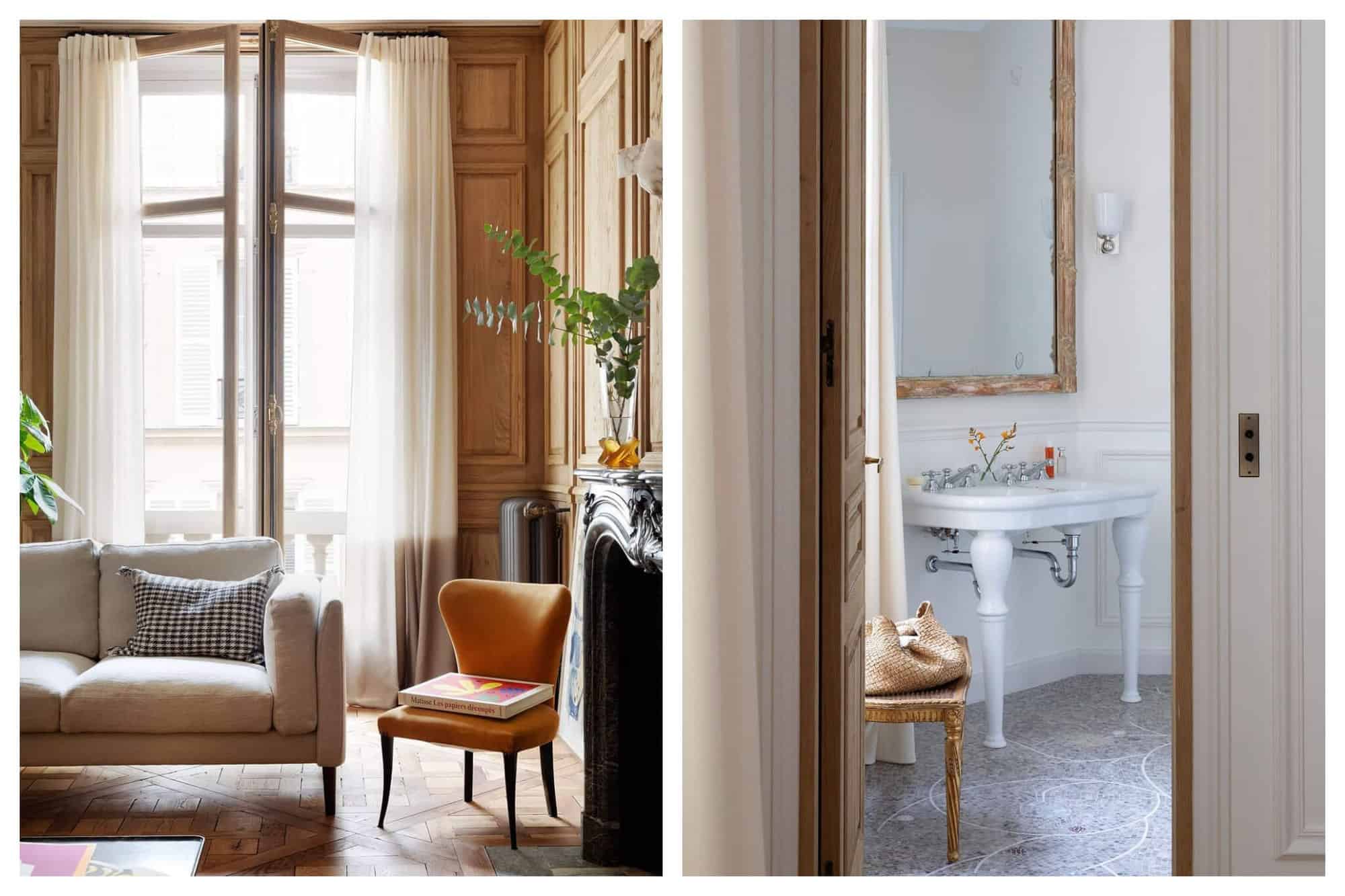 Left: The interior of a Parisian apartment. The walls are wooden, there is a large floor to ceiling window/balcony, with the doors open. The furniture includes a small orange chair, various plants, and a beige couch with a black and white checkered pillow. Right: The photo is taken from the doorway, looking into a bathroom with a large gold mirror above a large sink.