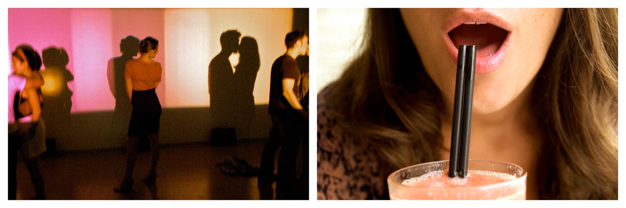 Left: A setting of what appears to be a dance party is pictured with a woman in the middle watching a couple kiss on the right. Two more people are picture on the left. Right: A photo of a woman with her mouth wide open and about to sip her glass of pink cocktail with 2 black straws.