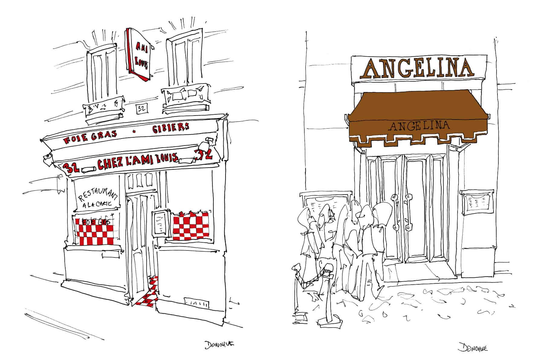 A montage of John Donohue's sketches of Parisian restaurants. On the left is a drawing of the restaurant "Chez L'Ami Louis" in black, white, and red. On the right is a drawing of the restaurant/pâtisserie "Angelina", with its usual queue of people outside, in brown, black, and white.