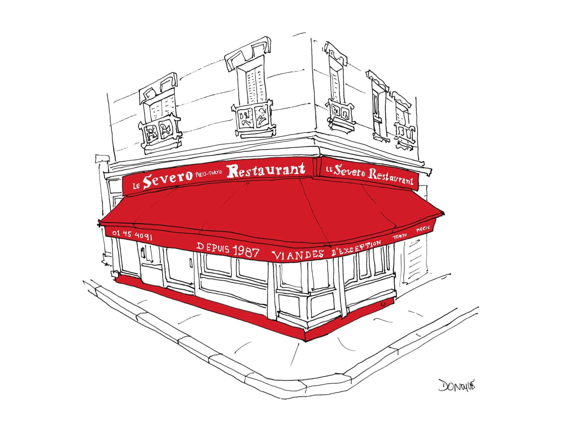John Donohue's sketch of Parisian restaurant "Le Severo" in black, white, and red.