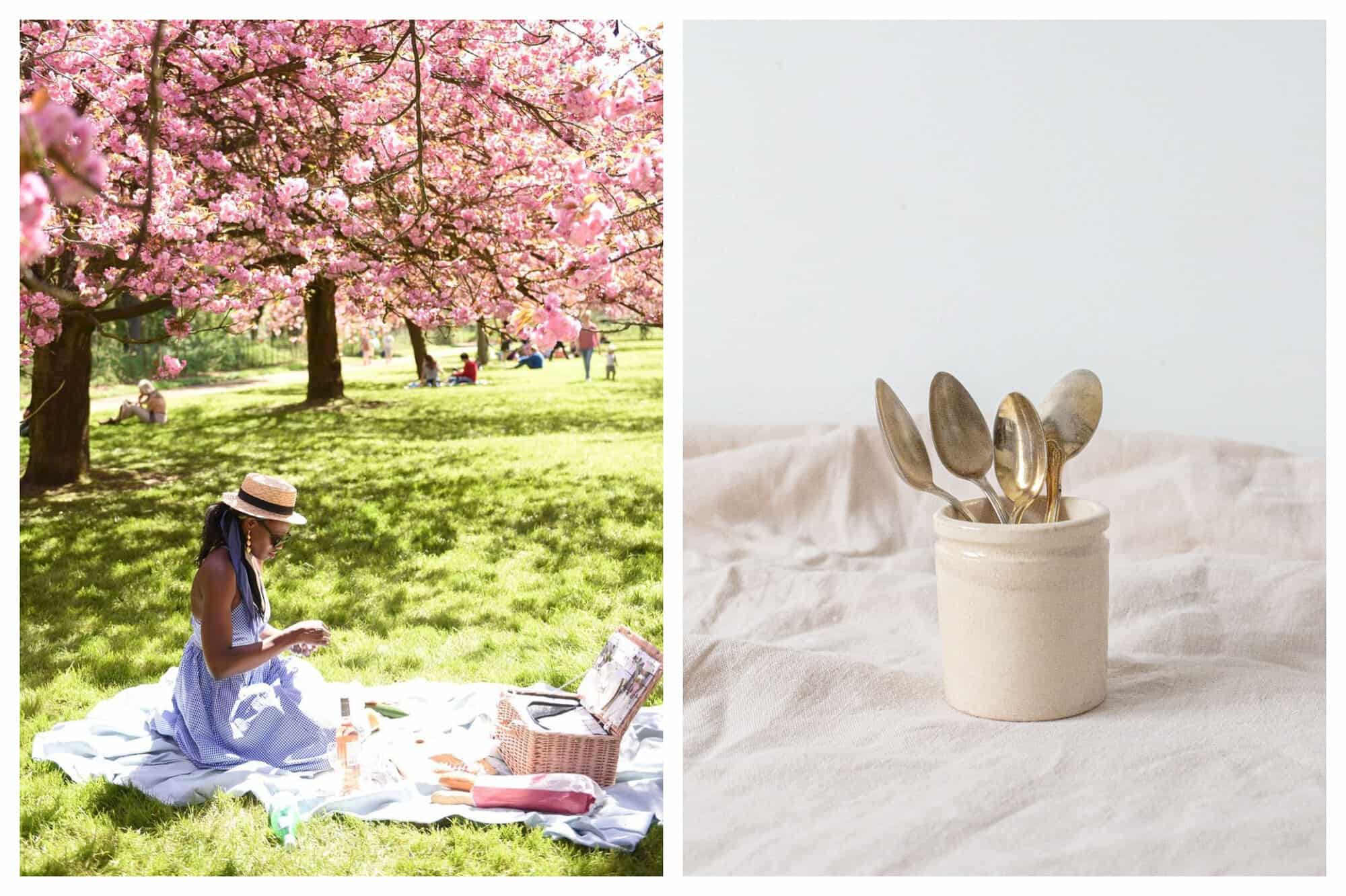 Left: Ajiri is in a parc, doing a picnic, under cherry blossom trees. Right: A set of 4 golden teaspoons in a beige ceramic cup.