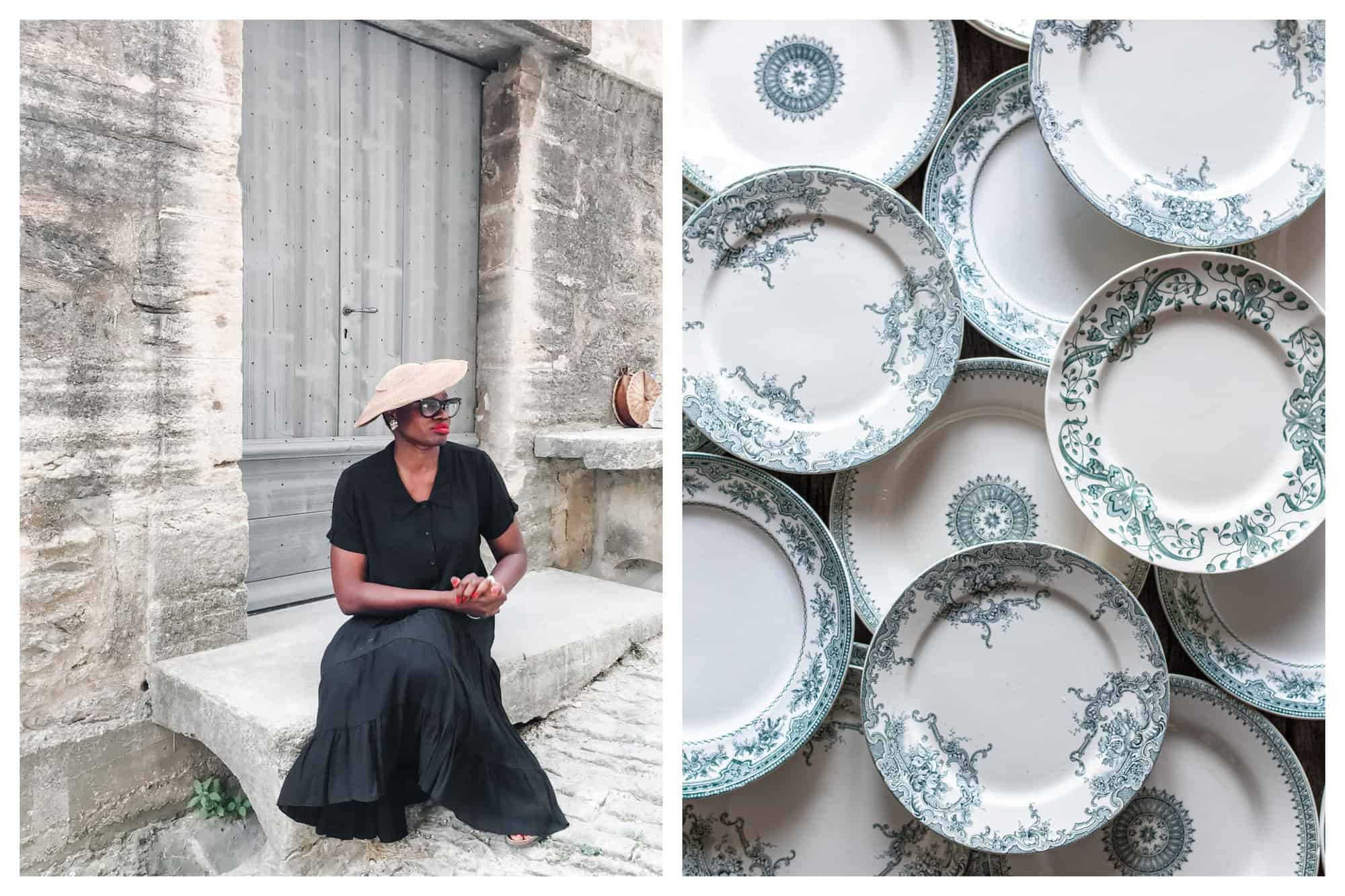 Left: Ajiri Aki is sitting in front of a French provincial gate, wearing a black dress and a wooden hat. Right: A photo of vintage plates in white and teal blue.