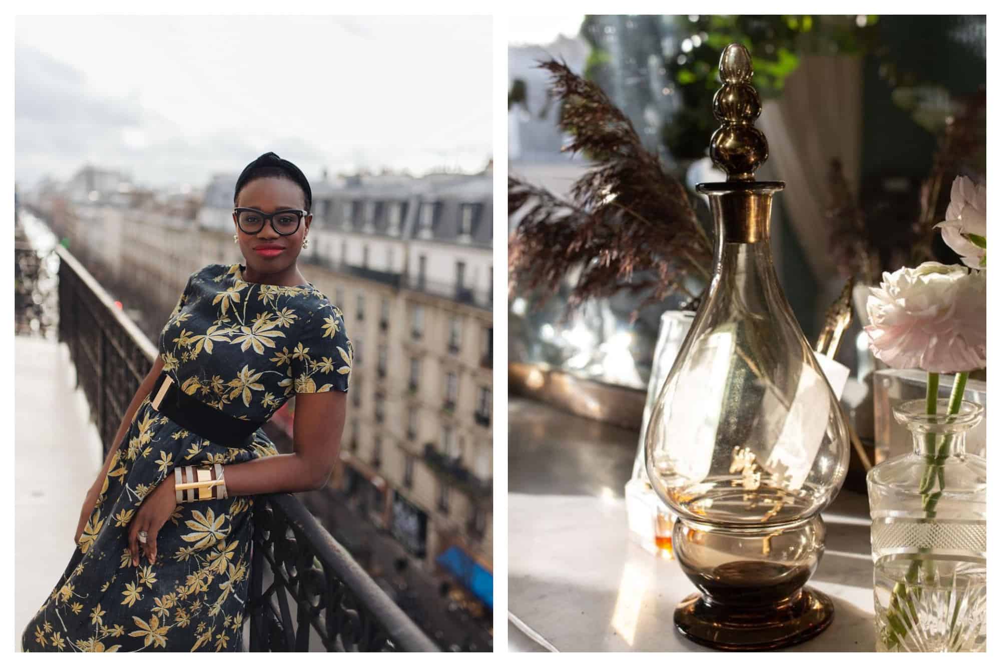 Left: Ajiri is posed in a Parisian balcony in her beautiful yellow and blue floral dress. Right: A picture of a bulbous glass container.