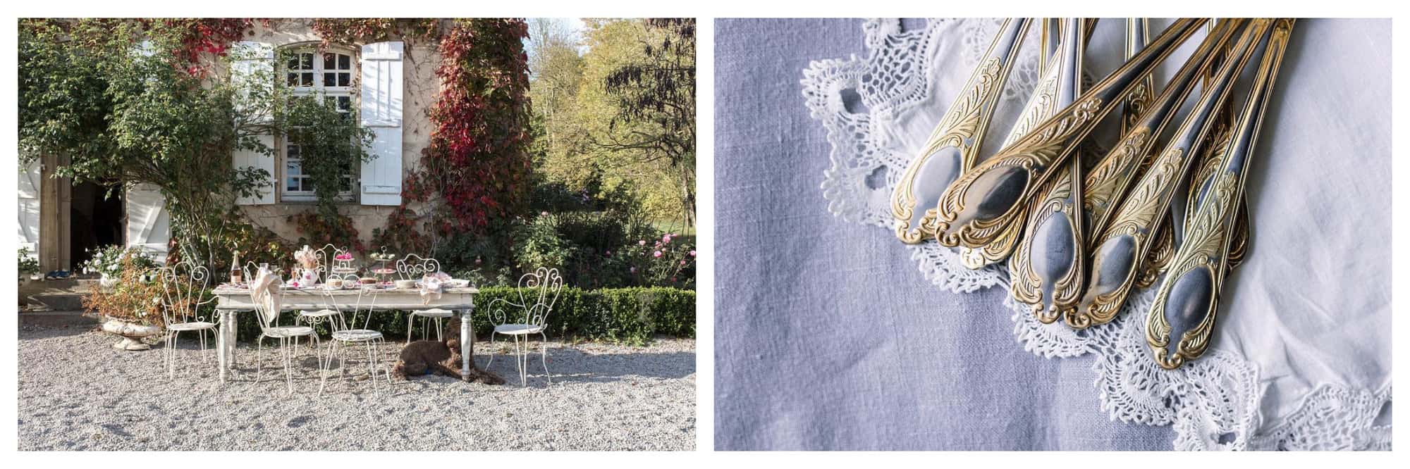 Left: An outdoor dining table in the French countryside, adorned with flowers. Right: A set of vintage silver and gold cutlery with beautiful design.
