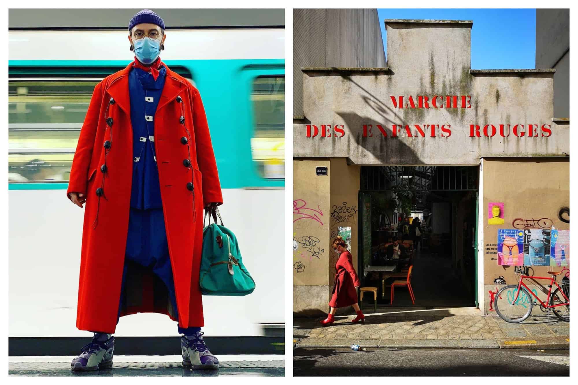Left: Fashion design director Adrian Appiolaza is captured in a Métro platform with the green-and-white subway train blazing behind. He is wearing an oversized red coat with a an blue jumpsuit and a green bag. Right: A picture of the famous covered market in Le Marais called Marché des Enfants Rouges. It is home to fresh produce, flowers, and restaurants.