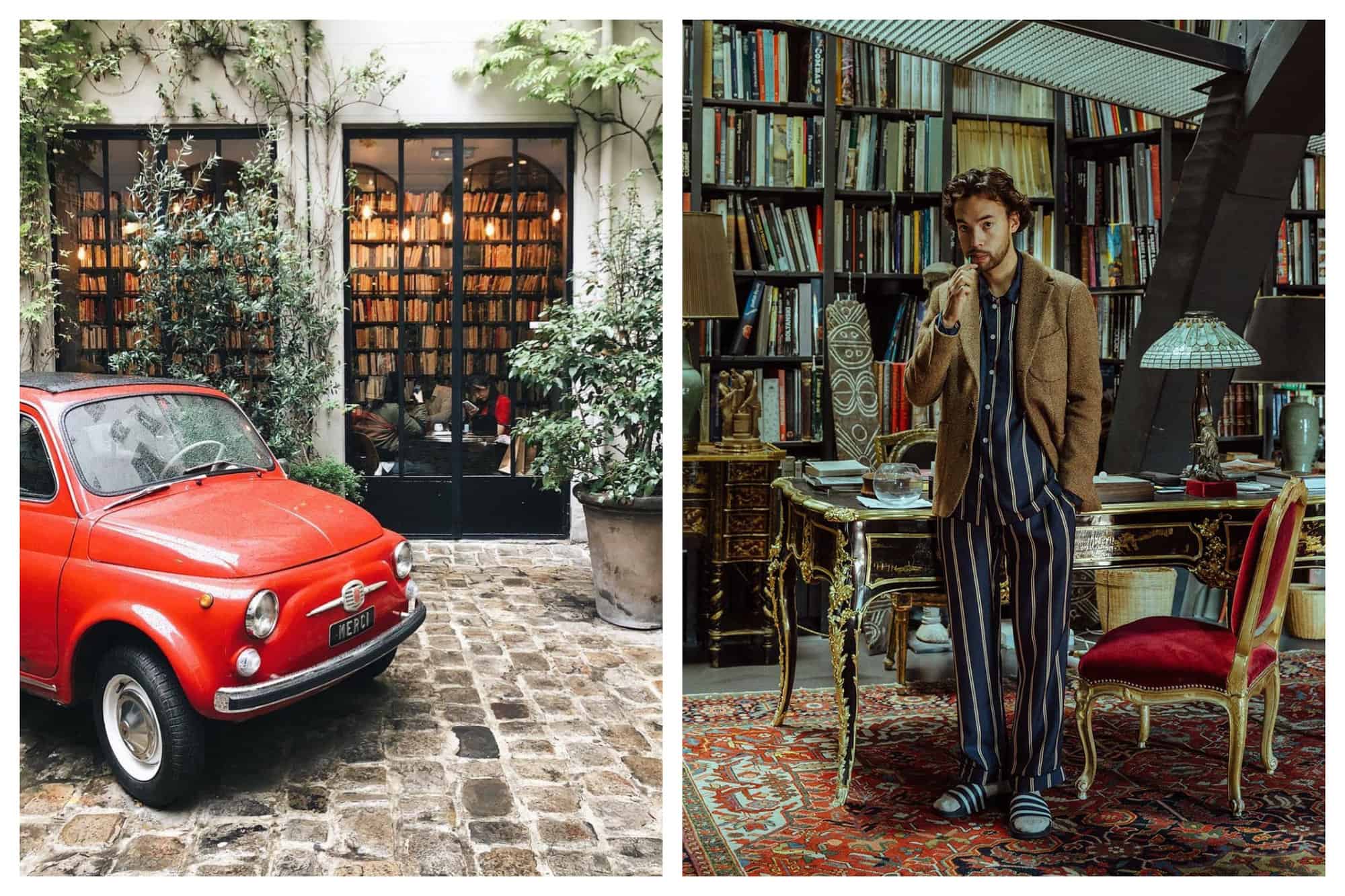 Left: A picture of the court of Merci Concept Store, located in Le Marais. It showcases a vintage red Volkswagen and its iconic coffee shop/library with beautiful glass panels can be seen behind the car. Right: A picture from Serpent à Plume, an urbane lounge with unique, cavelike architecture, that is located 2 mins away from Place des Vosges. In here, a man is seen wearing a set of pyjamas and a brown blazer while brushing his teeth in a gorgeously designed office.