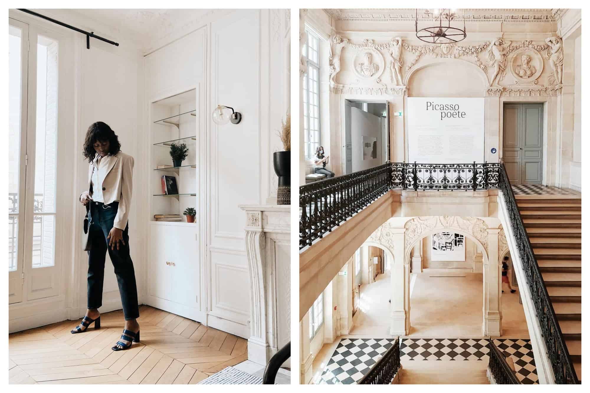 Left: A model for Le Marais fashion brand Ferdinand Duval is posing inside a beautiful Parisian living room. She is wearing a beige blazer that matches the color of the living room. Right: A photo of the interiors of the Musée Picasso which is located in Le Marais. It showcases its gorgeous Haussmanian architecture and staircase.