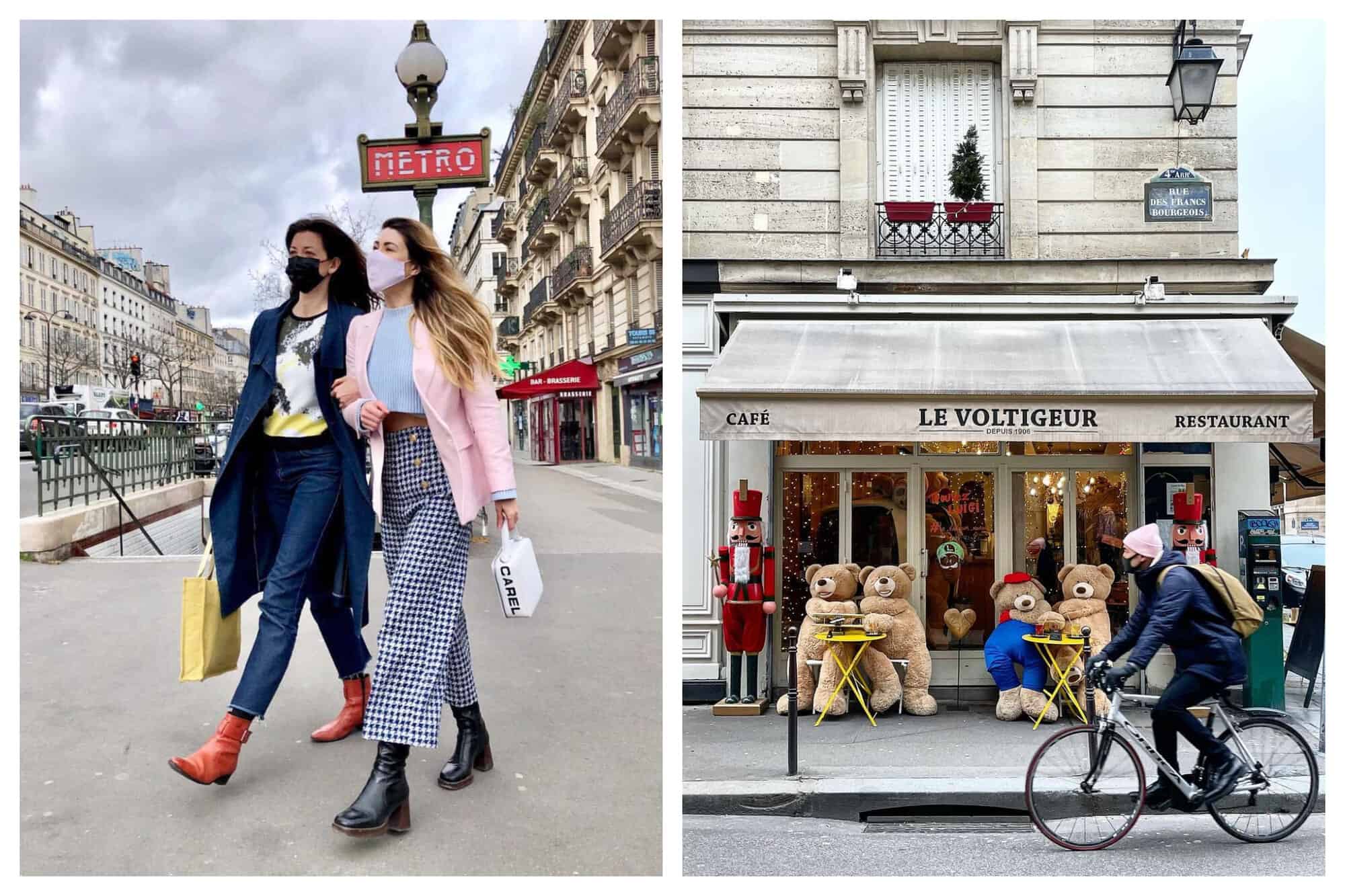 Left: A photo of two ladies living in Le Marais, Kasia Dietz and Anna Dawson, walking side by side near a Métro station in their hip outfits. Right: A photo of a famous bar in Le Marais named Le Voltigeur with its iconic giant teddy bears sitting in their outdoor tables while a cyclist is passing by. Their famed life-sized nutcracker dolls can also be seen here.