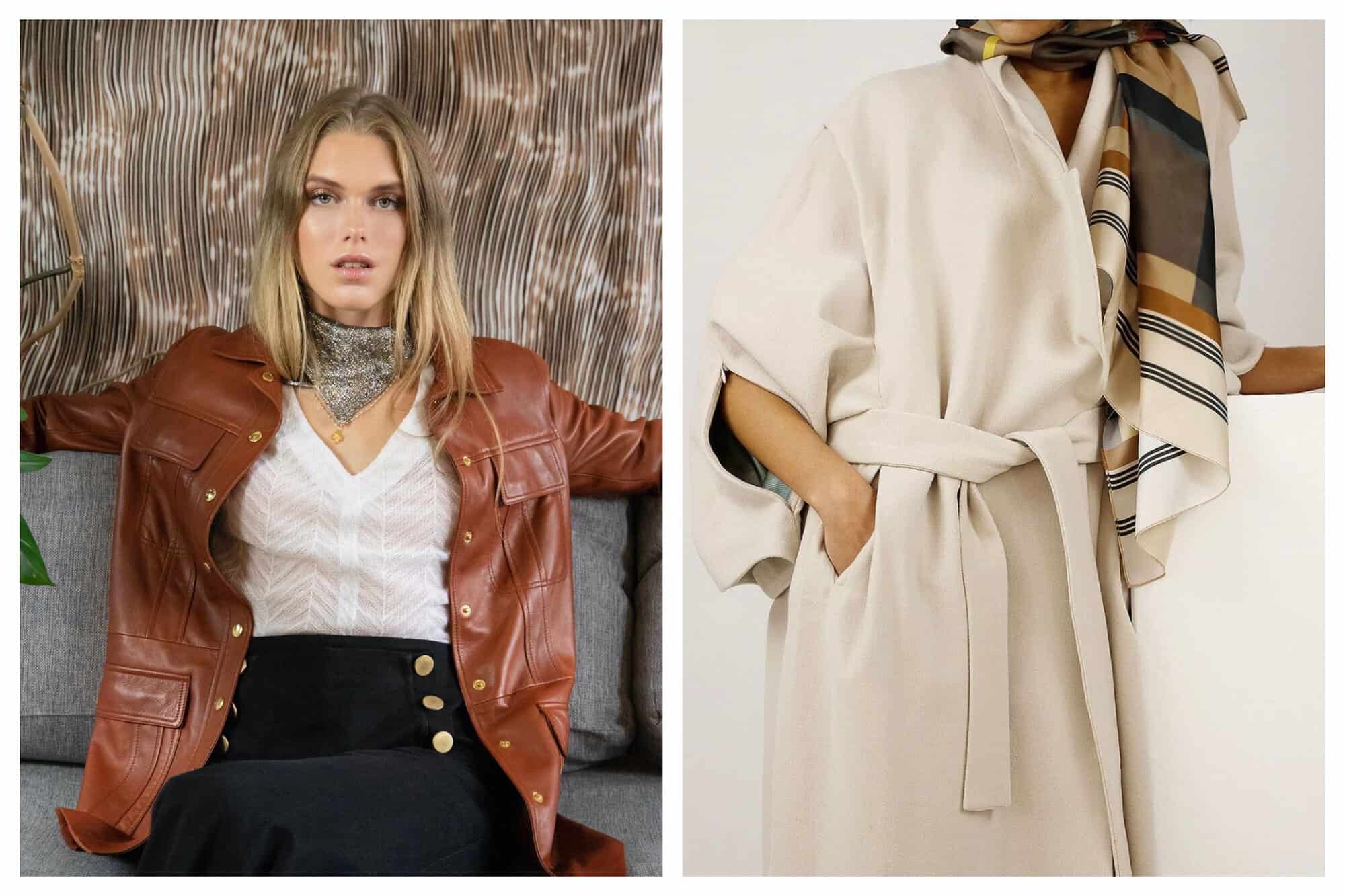 Left: A model from a local fashion brand in Le Marais called Koshka is pictured wearing a brown leather blazer, white V-neck shirt and black pencil skirt. Right: A model from a local fashion brand in Le Marais called Ekjo is wearing a sleek beige coat with an oversized silk scarf.